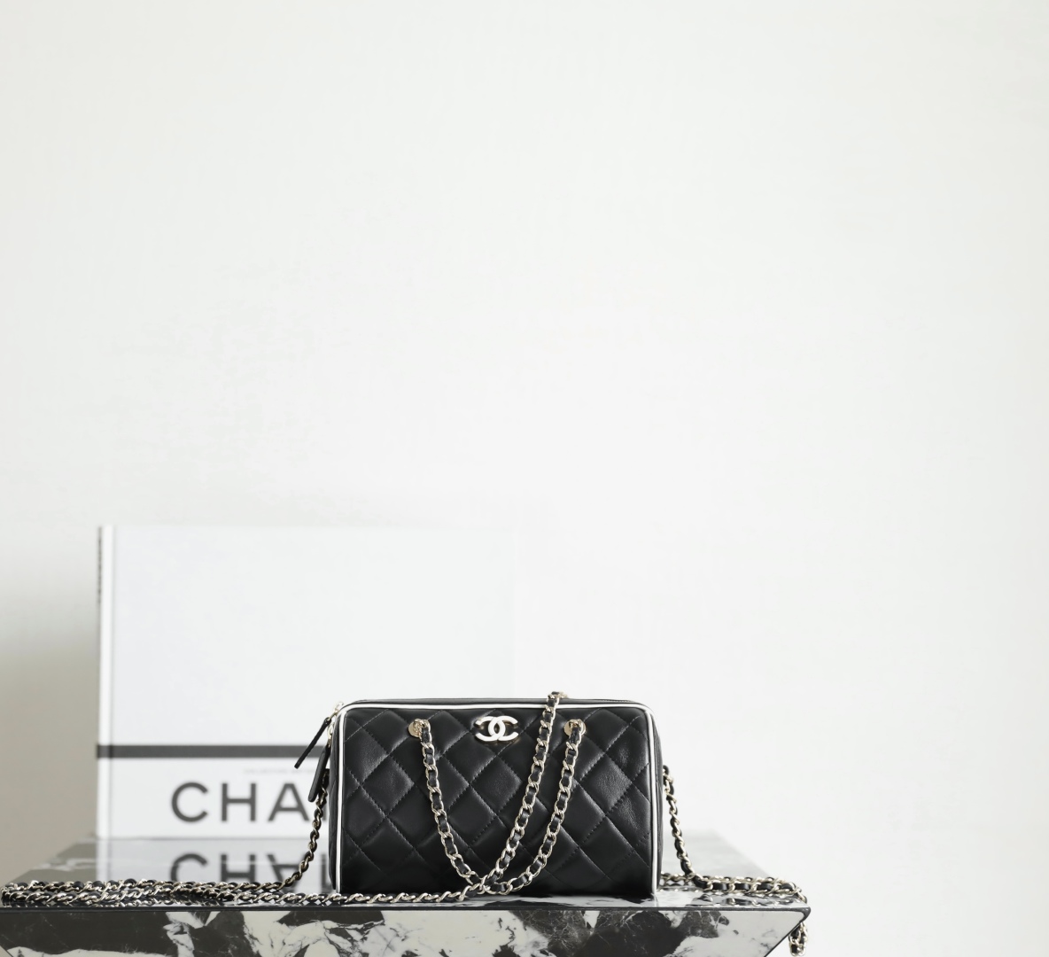 CHANEL Chain Handle Mini Bowling Bag Black Champagne