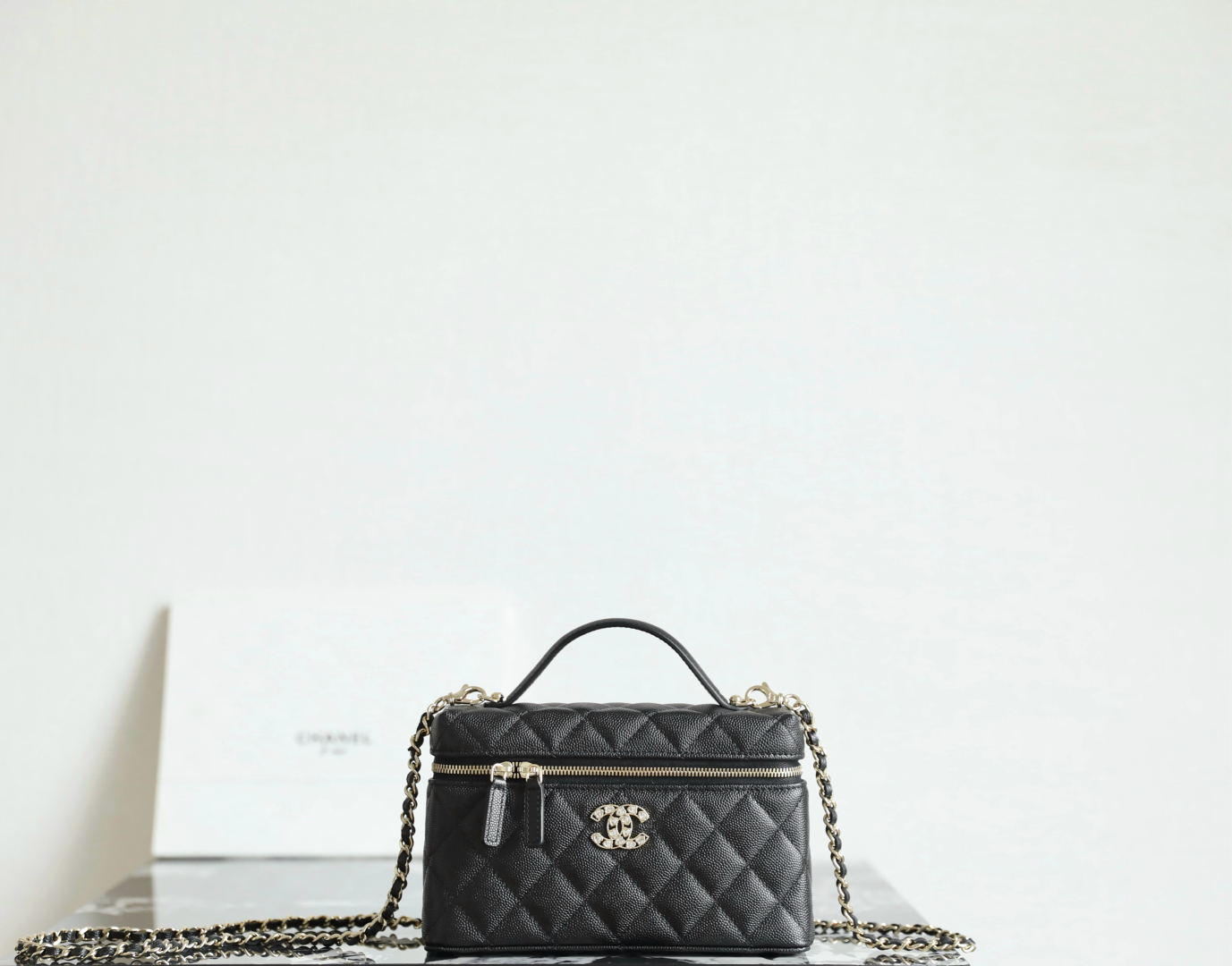 New CHANEL 25P Vanity Chain Gold BIG CC LOGO Top Handle Black CAVIAR Bag RECEiPT