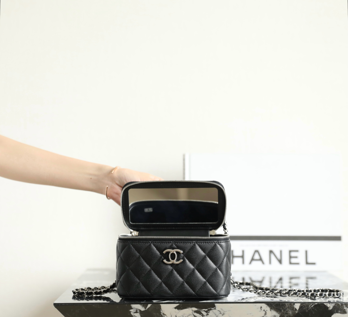 Chanel Classic Vanity Case with Chain Quilted Caviar Small Black
