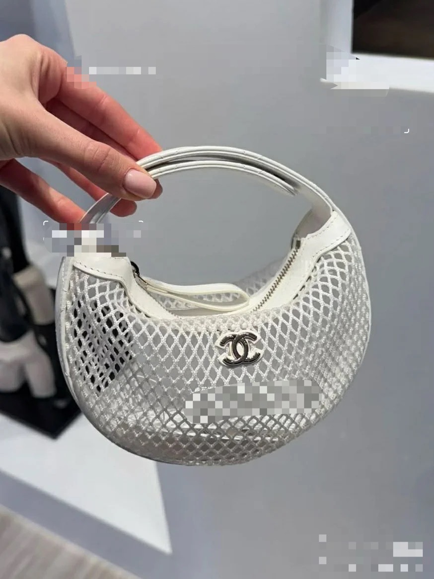 Chanel Mini Round Hobo Pouch Bag white Mesh Light Gold