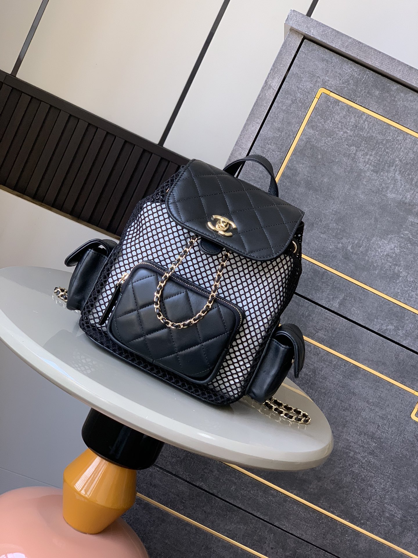 Chanel Backpack, Mesh, shiny lambskin & gold-tone metal, black