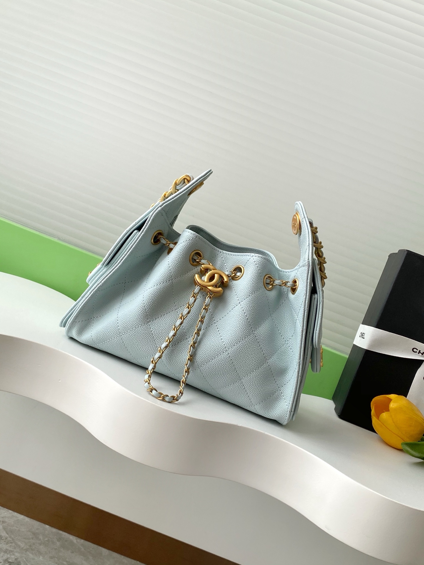 CHANEL Caviar Quilted Small Chanel 25 Handbag Light Blue