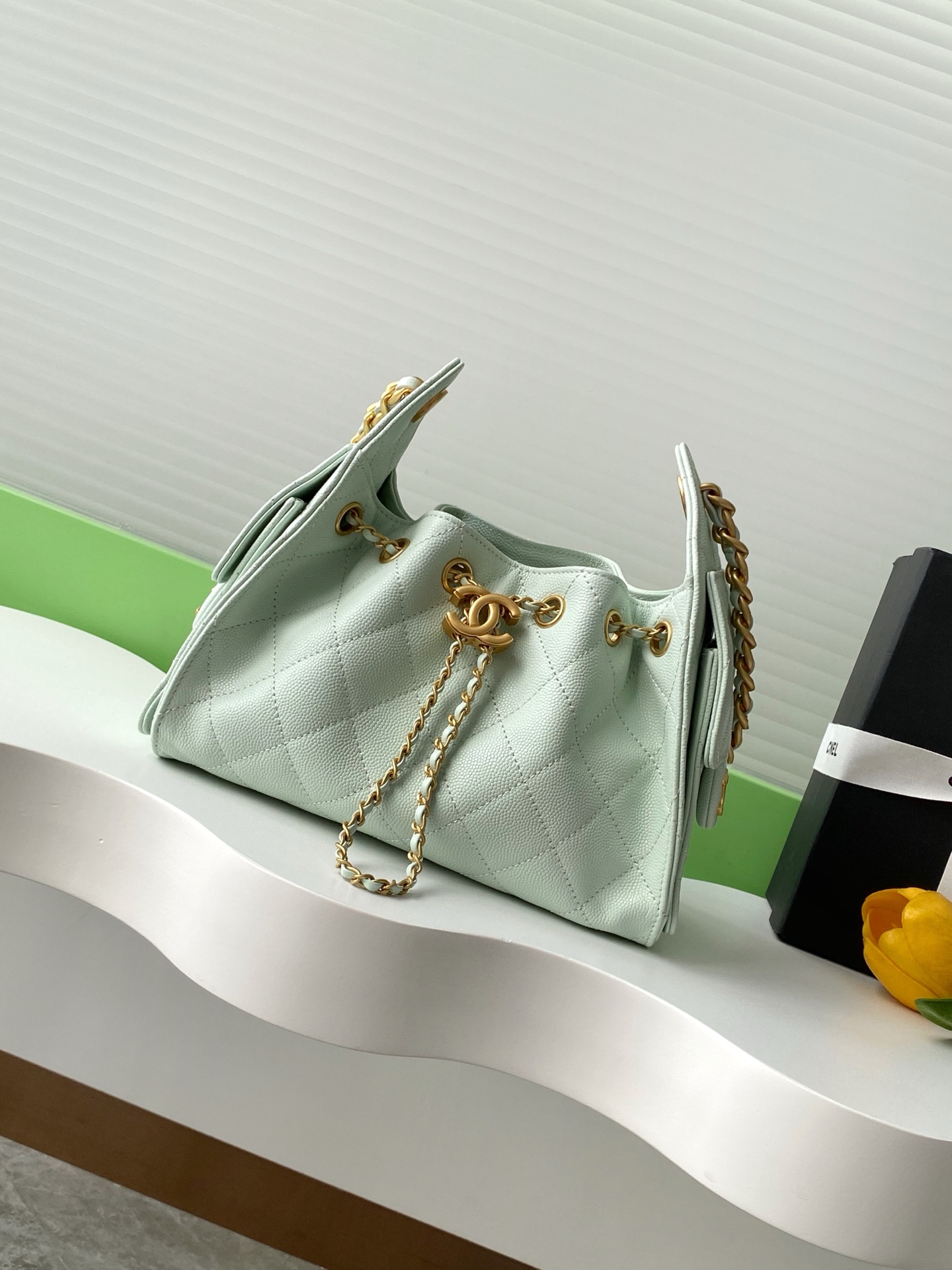 CHANEL Caviar Quilted Small Chanel 25 Handbag Light Green