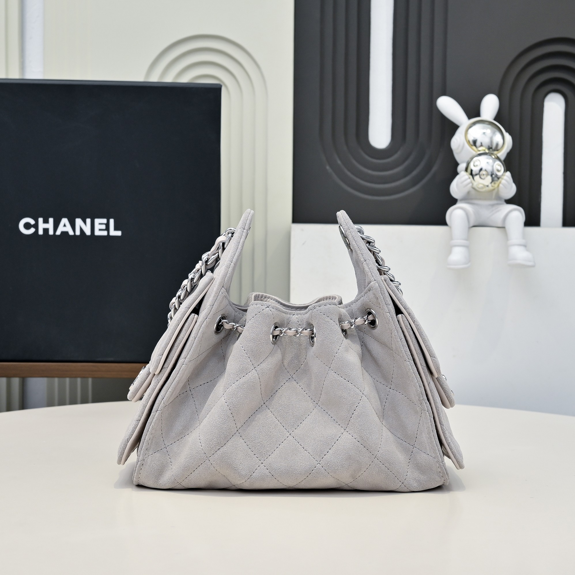 Chanel CC Chain Drawstring Bucket Bag Quilted Caviar Small Gray 2535881
