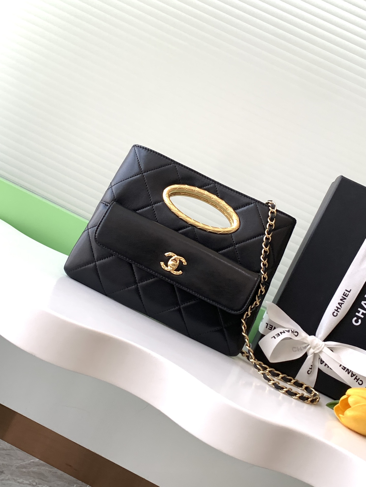 CHANEL Chain Shoulder CC Logo Pocket Clutch Black Vintage Gold Plated Lamb
