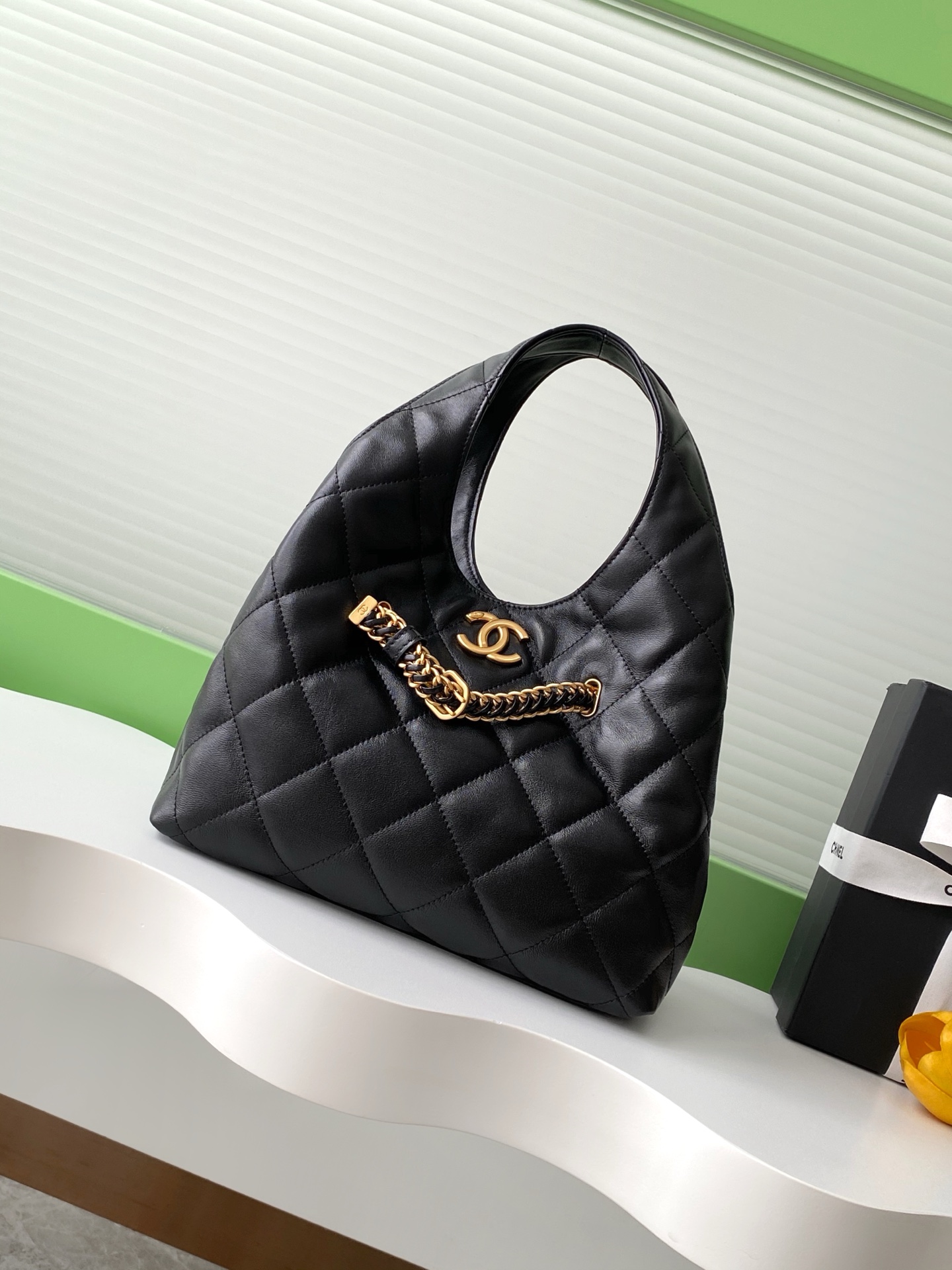 Chanel Maxi shopping bag, Calfskin & gold-tone metal, black