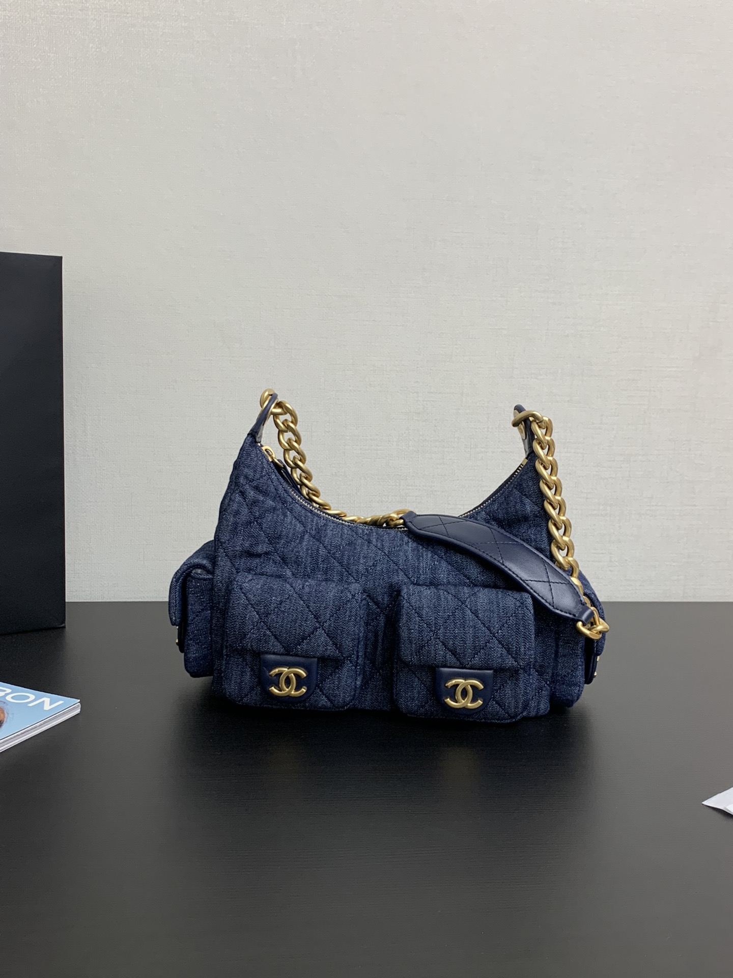 Chanel Maxi Cargo Hobo Bag Dark Blue Washed Denim