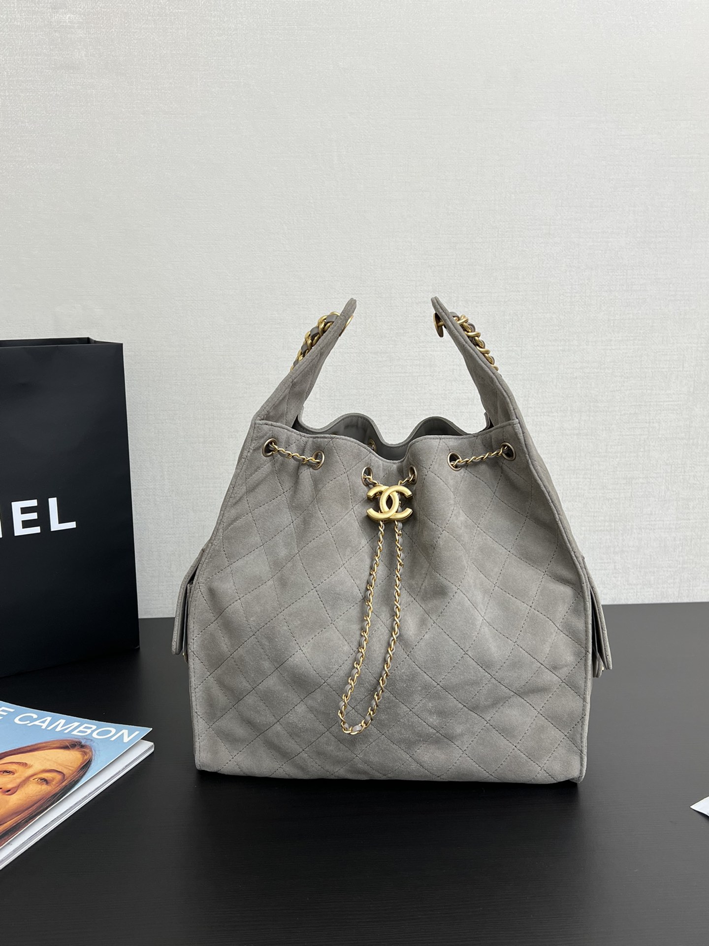CHANEL Suede Quilted Medium Chanel 25 Handbag Grey