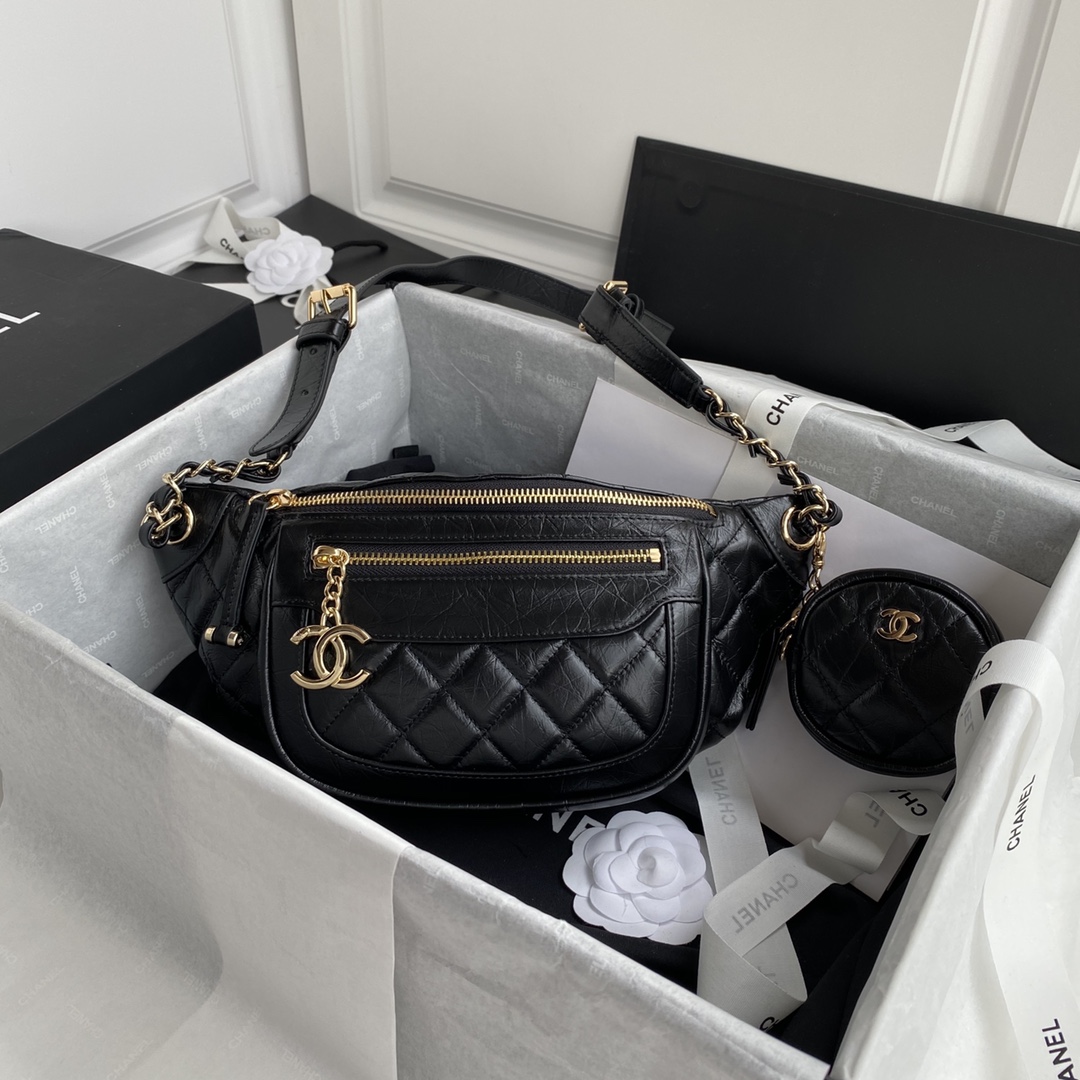 CHANEL Aged Calfskin Quilted Waist Bag With Coin Purse Black