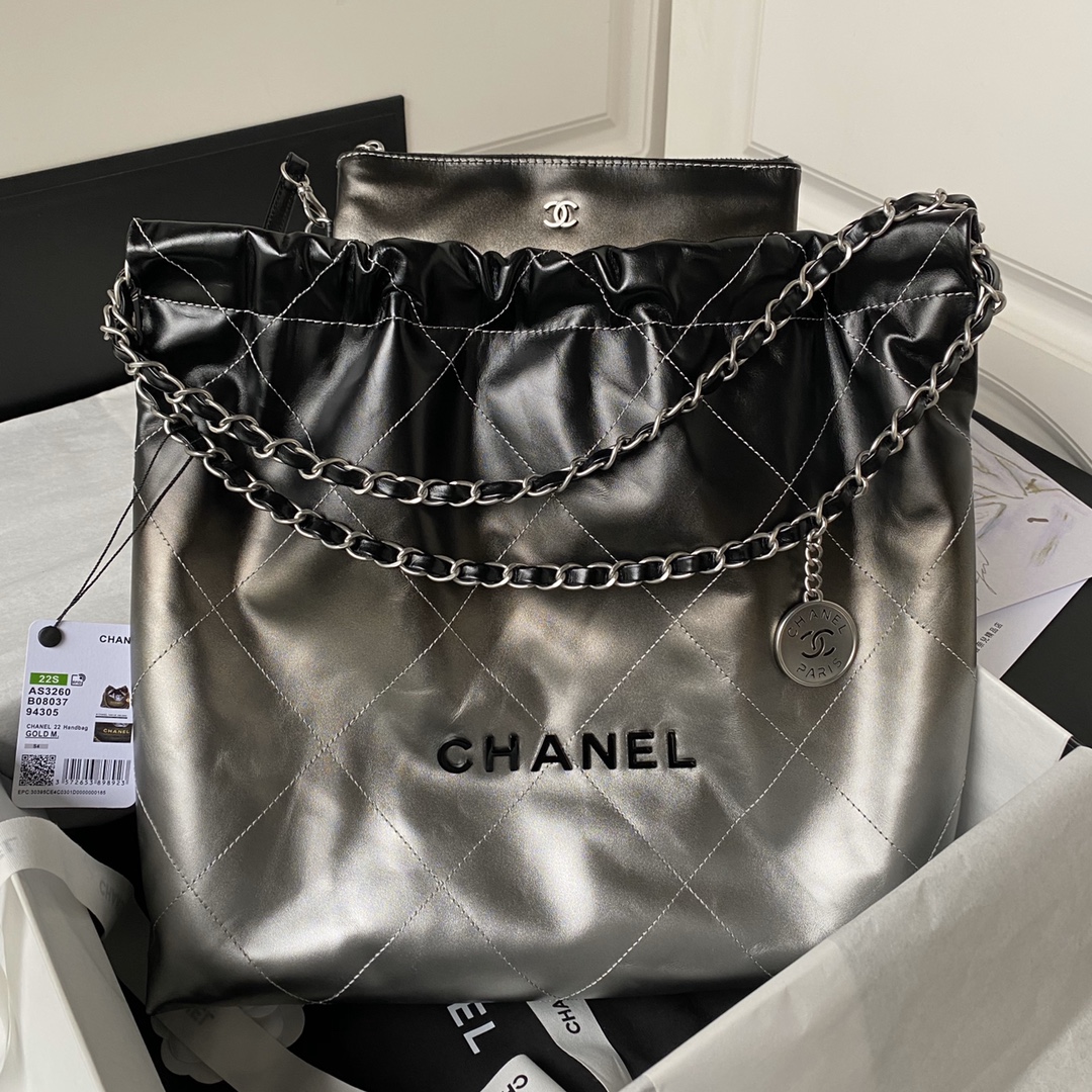 Chanel Metallic Ombre Quilted Shiny Leather Small 22 Hobo silver