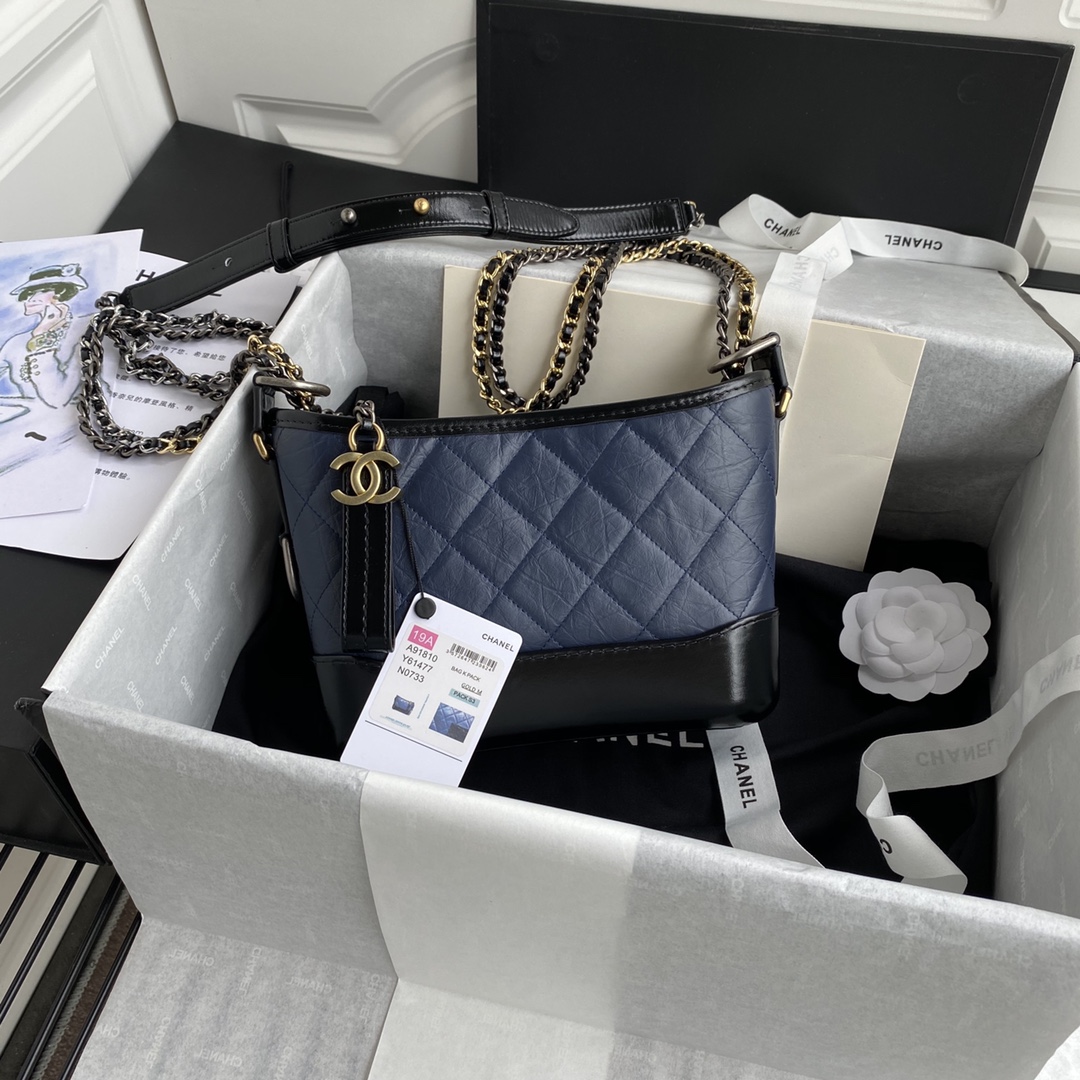CHANEL Aged Calfskin Quilted Small Gabrielle Hobo Navy Black