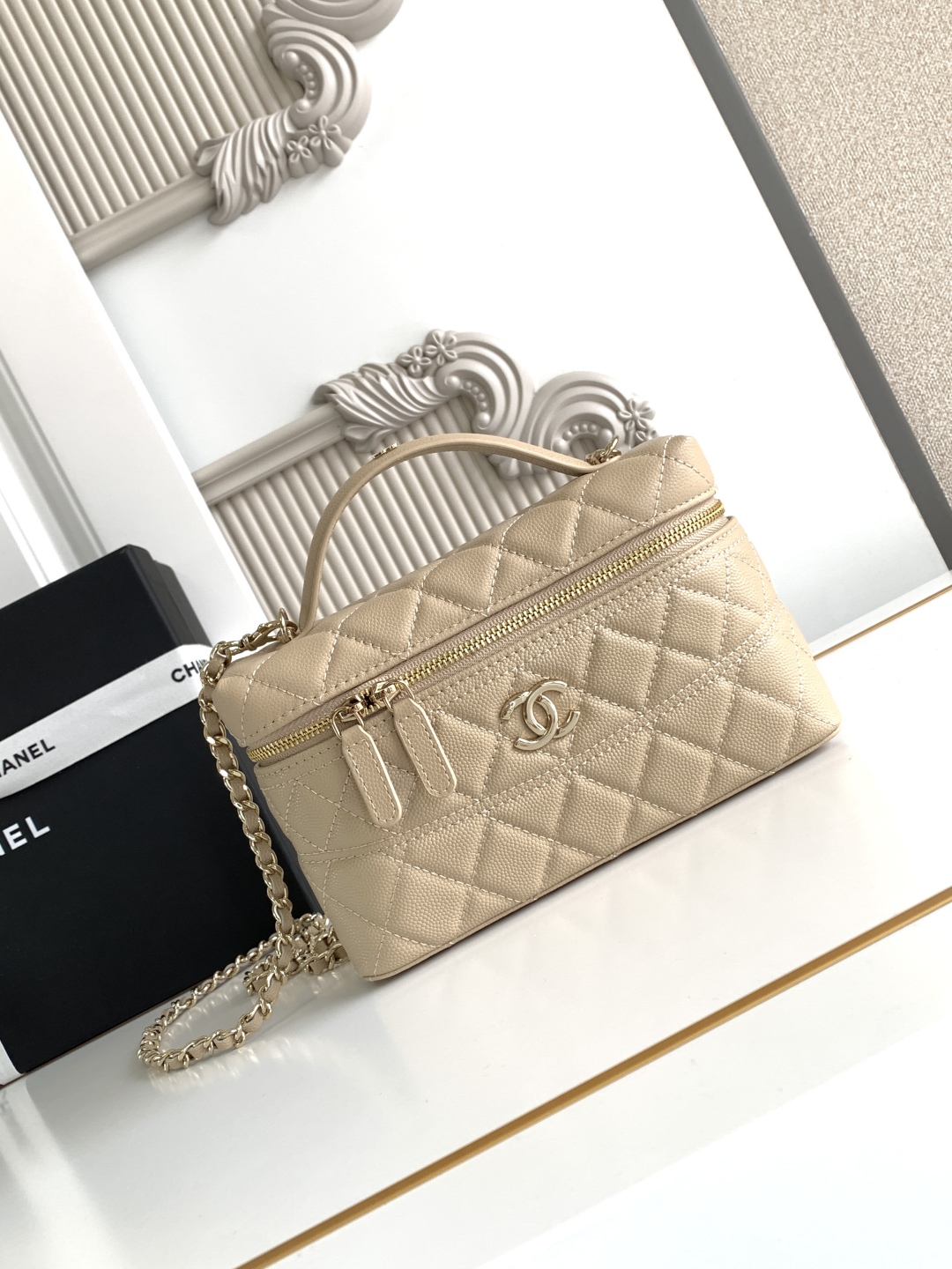 Chanel CC Top Handle Long Vanity Case With Chain Light Beige Shiny Caviar Brushed Gold Hardware