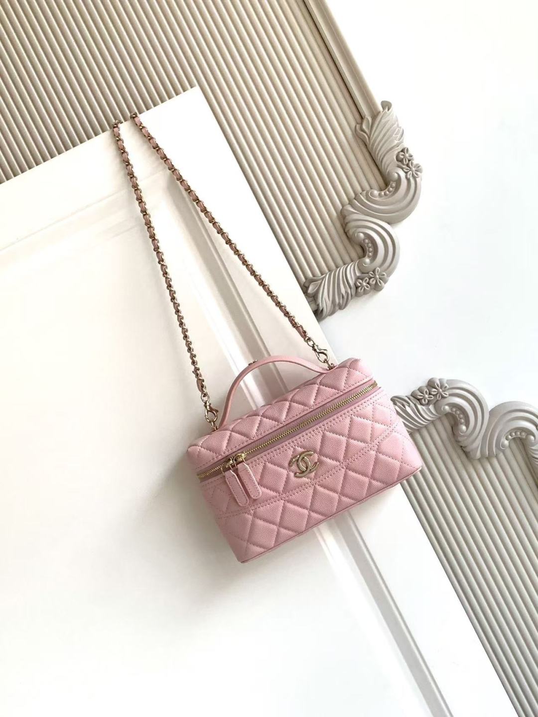 Chanel Vanity with Chain   Shiny Grained Calfskin, Strass & Silver-Tone Metal  Light Pink