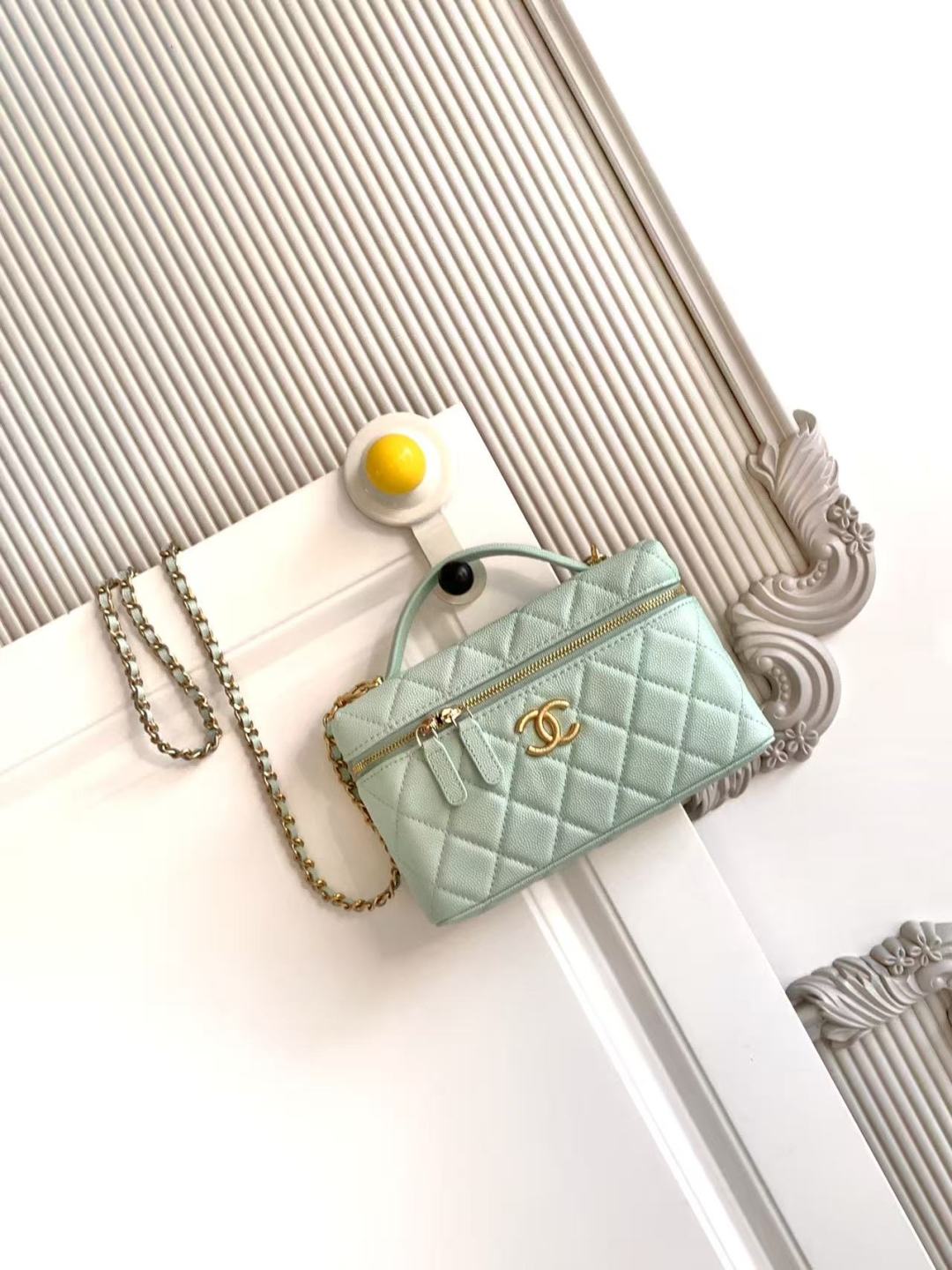 Chanel 22P Blue Green Small Vanity Chain Top Handle Logo