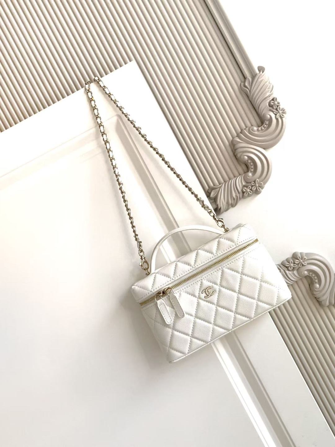 Chanel Vanity with Chain   Shiny Lambskin, Strass & Gold-Tone Metal  Light white