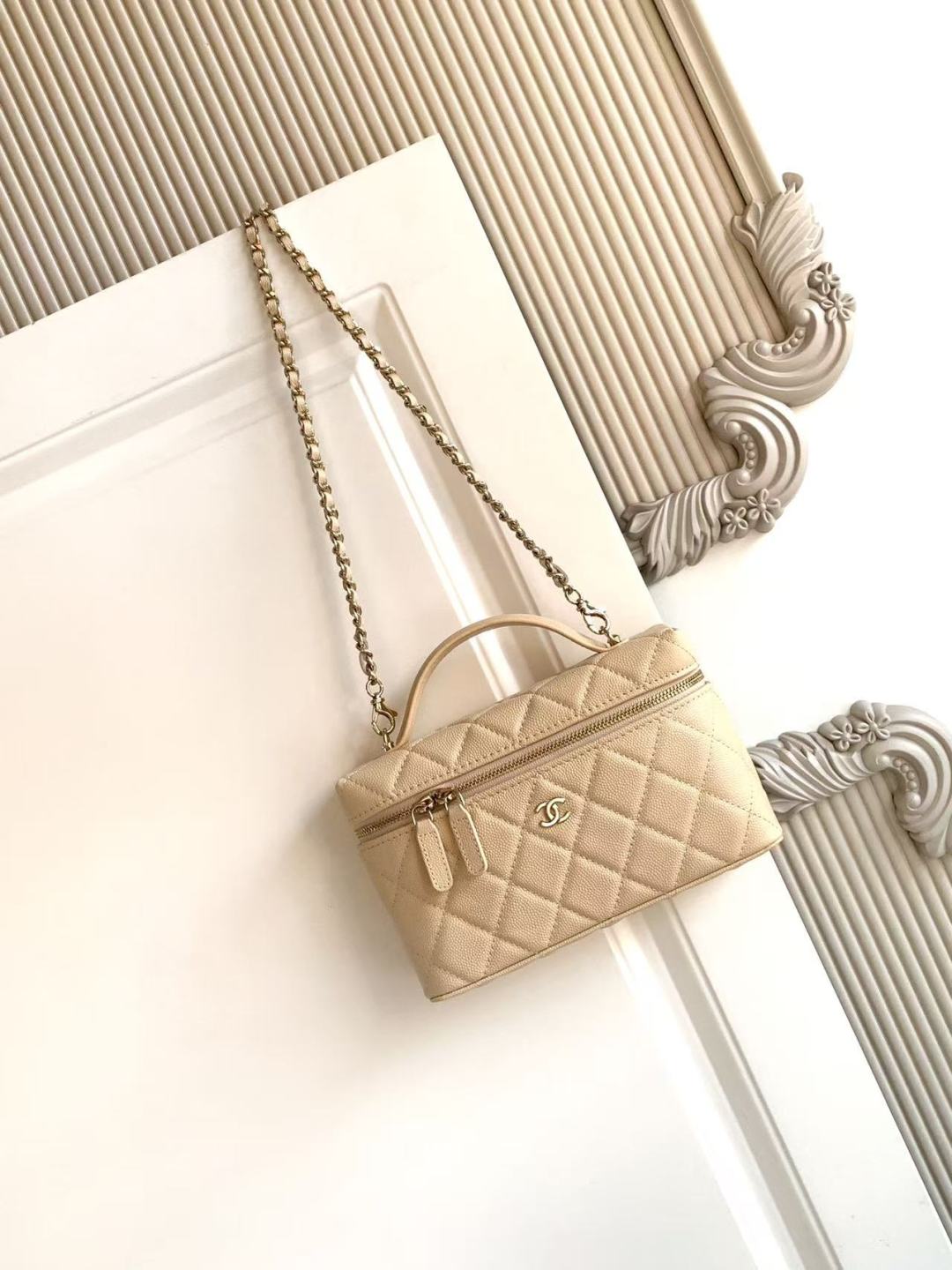 Chanel CC Top Handle Long Vanity Case With Chain Light Beige Shiny Caviar Brushed Gold Hardware