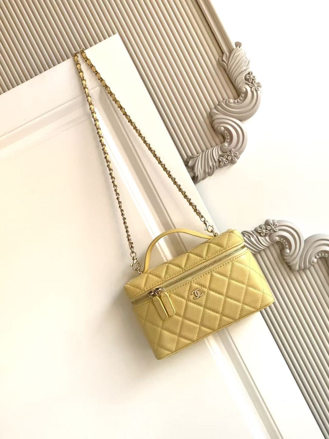 Chanel Quilted Top Handle Vanity Case Grained Calfskin Yellow