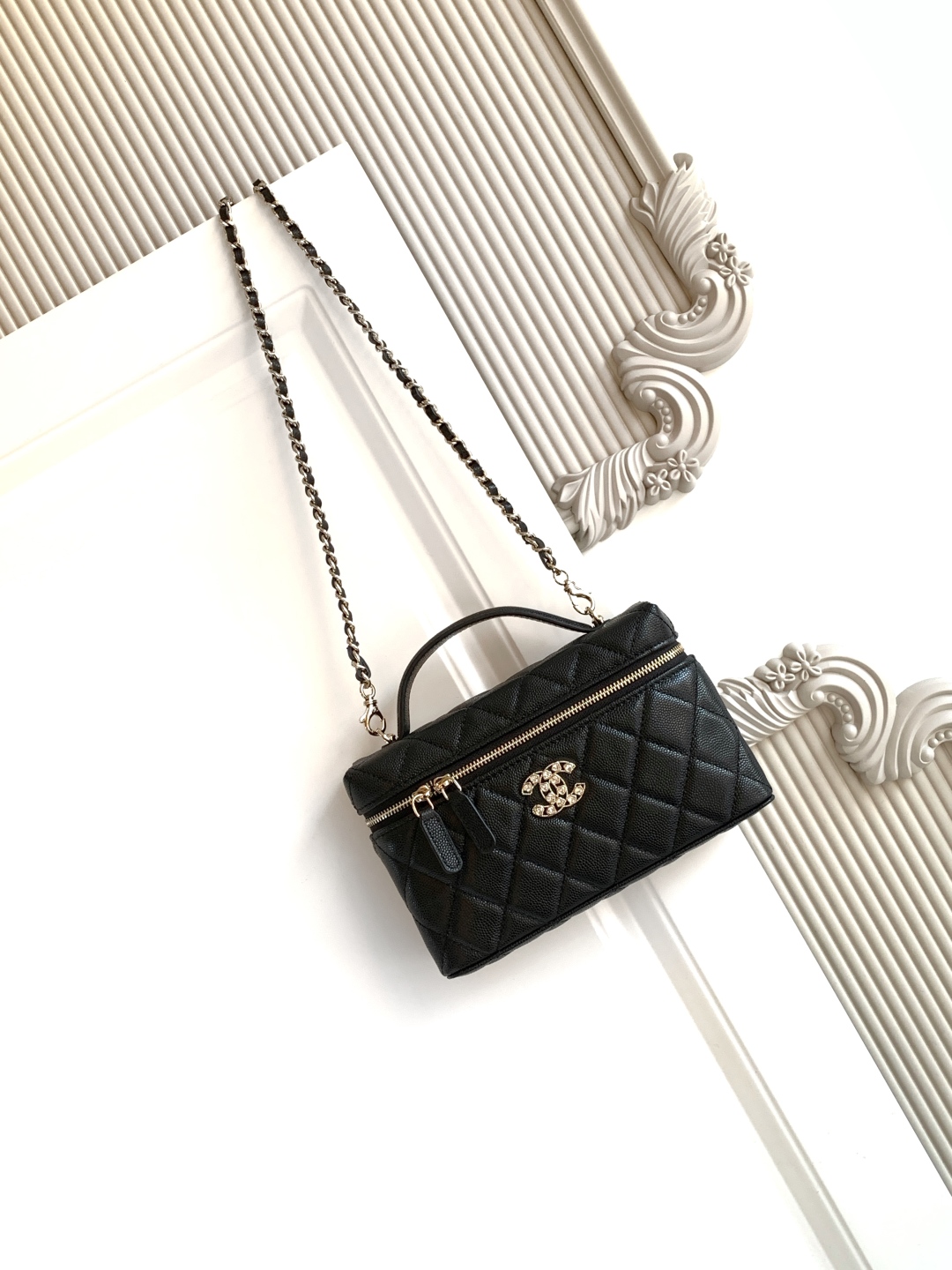Chanel CC Top Handle Long Vanity Case With Chain Black