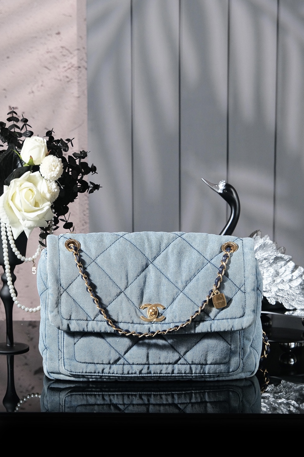 Chanel Pearl Crush Mini Square Flap Bag Denim Gold Hardwar