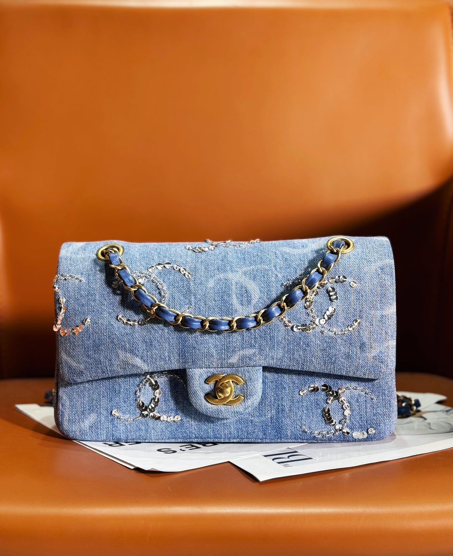 CHANEL Medium Classic Double Flap Blue Denim Sequins CC PRINT Bag Gold