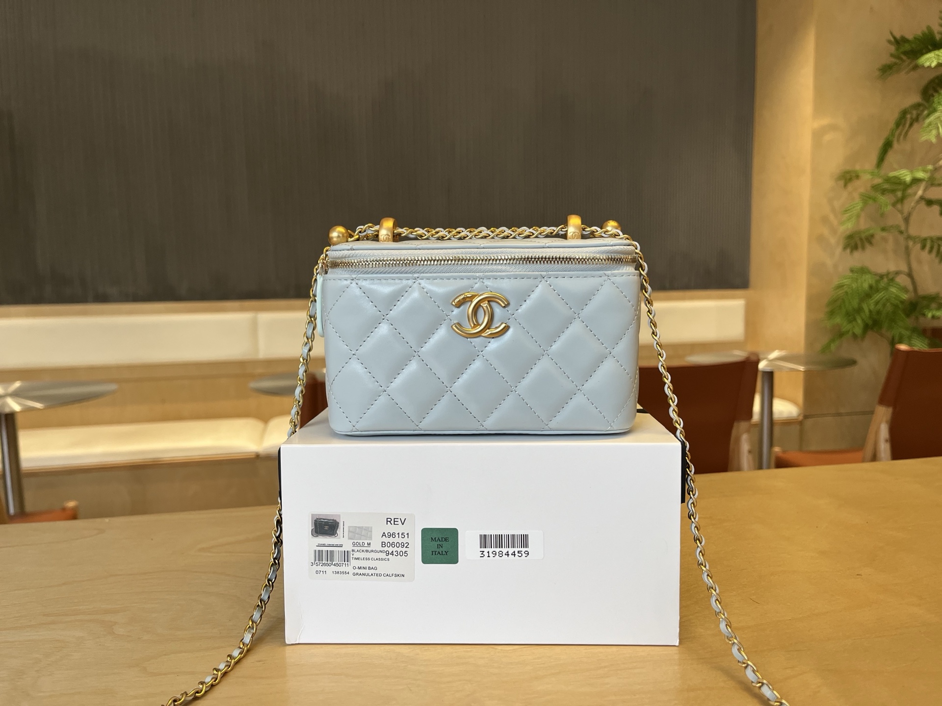 Chanel Pale Blue Quilted Lambskin Camellia Vanity Case