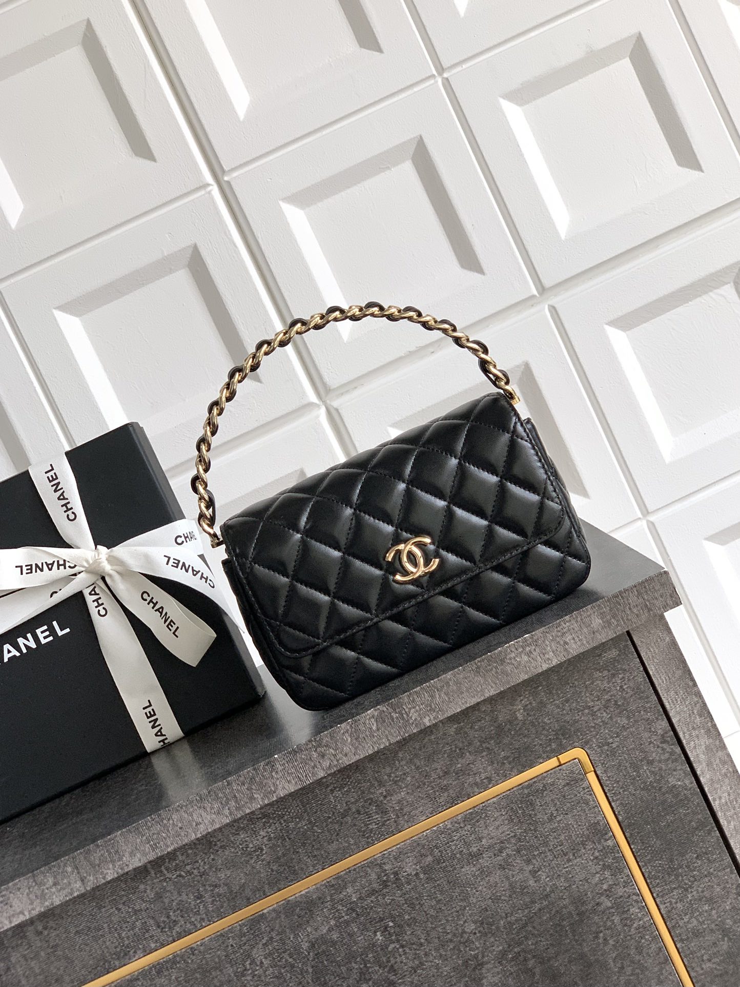 Chanel Mini flap bag with top handle, Lambskin & gold-tone metal
