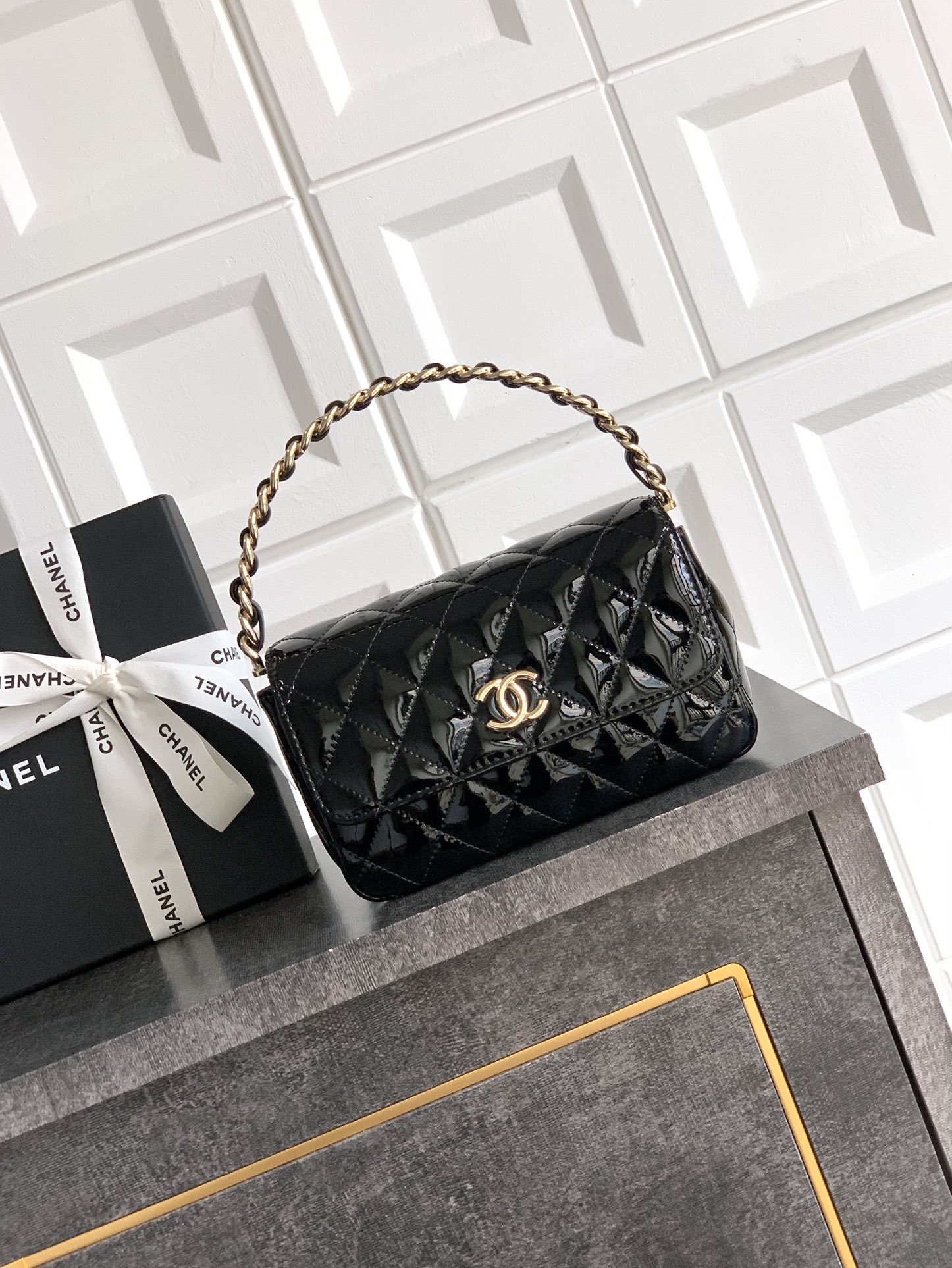 CHANEL Patent Quilted Top Handle Clutch Black 1662517