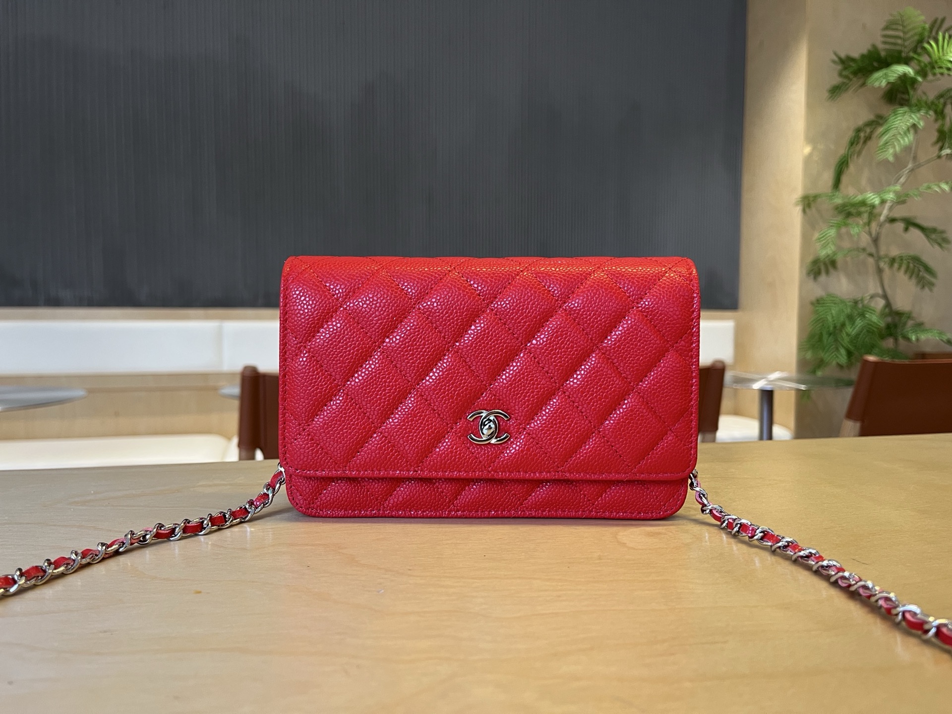 CHANEL Caviar Quilted Wallet On Chain WOC Dark Red