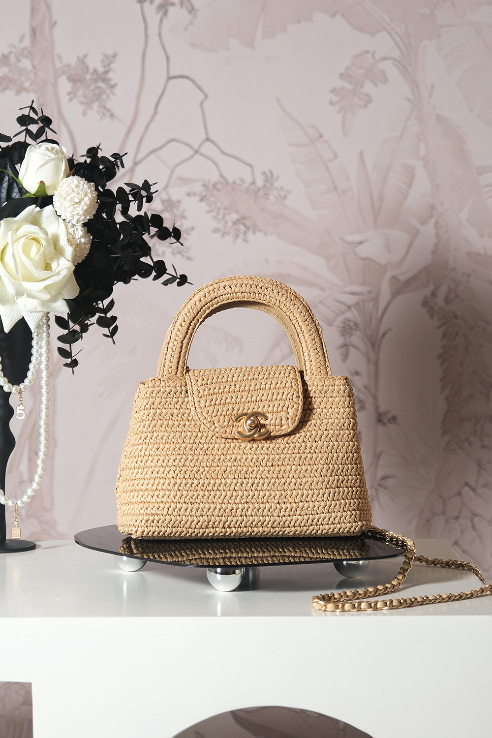 CHANEL Metallic Woven Raffia Small Kelly Flap Bag Gold