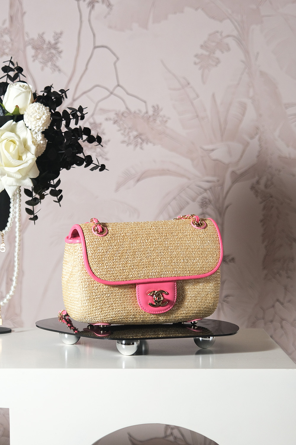 CHANEL Raffia Chain Venice Beach Flap Bag Beige Pink