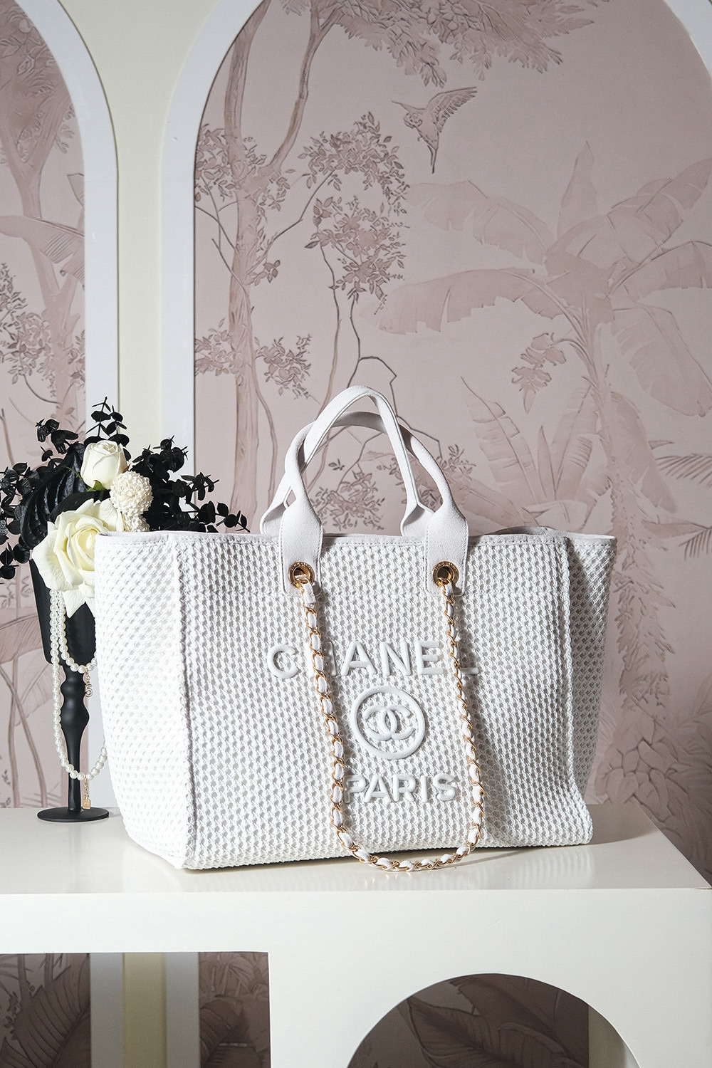Chanel Chanel Deauville GM Ivory Canvas Leather Chain Tote Bag