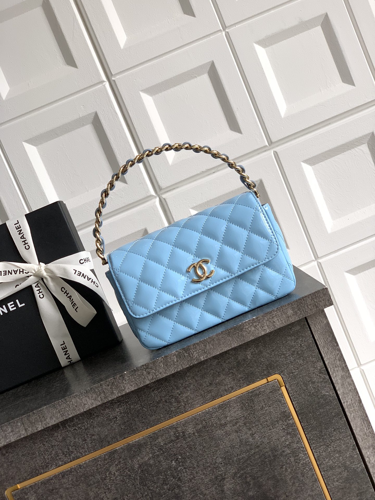 Chanel Matelasse Chain Shoulder Bag Light blue Leath