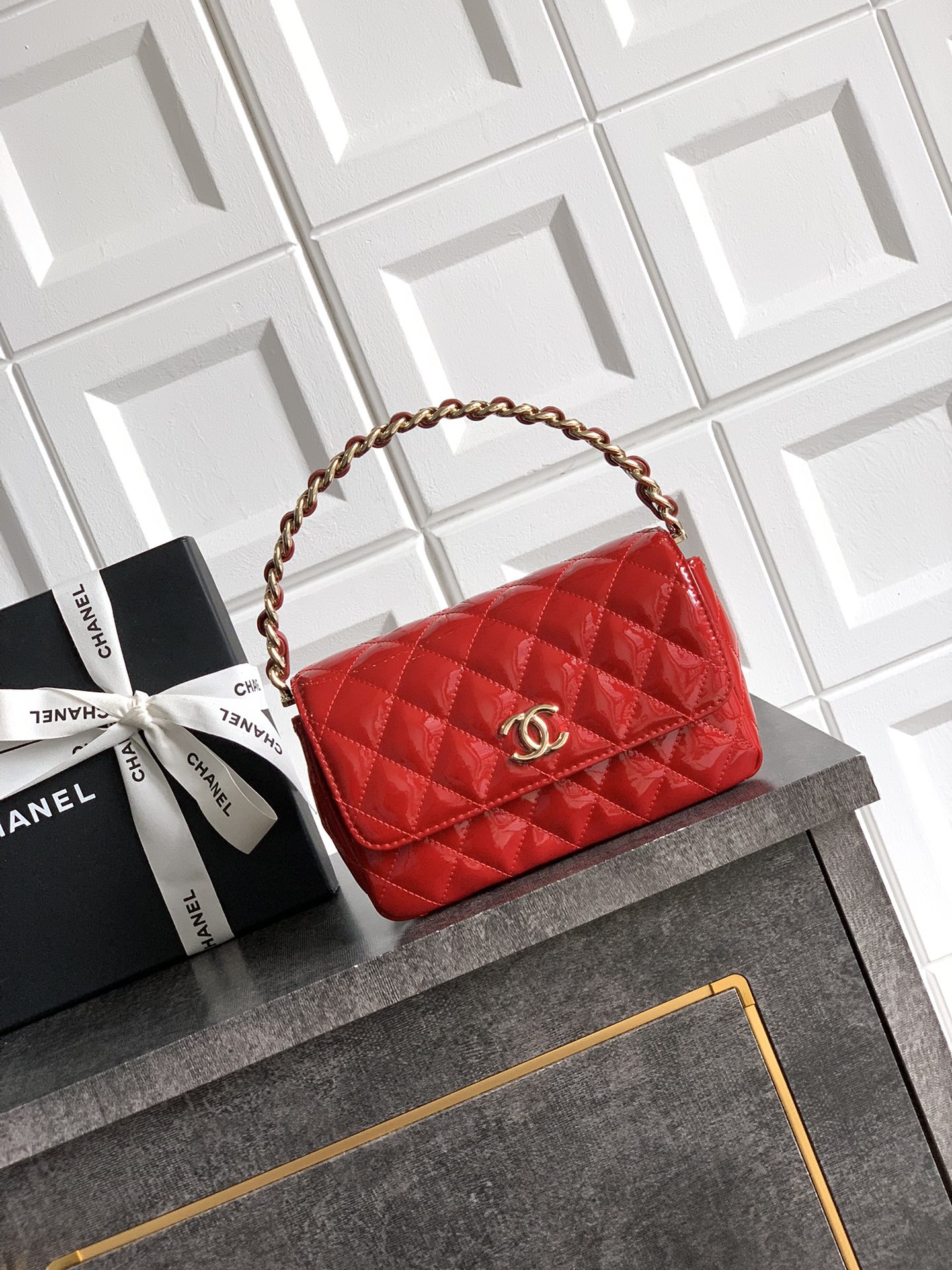 CHANEL Patent Quilted Brilliant Wallet On Chain WOC Red