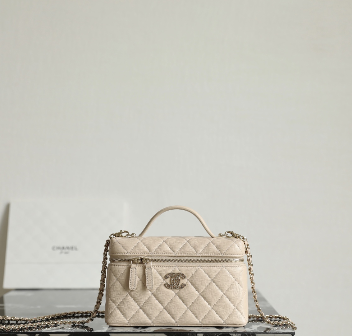Chanel CC Top Handle Long Vanity Case With Chain Light Beige Shiny Caviar Brushed Gold Hardware