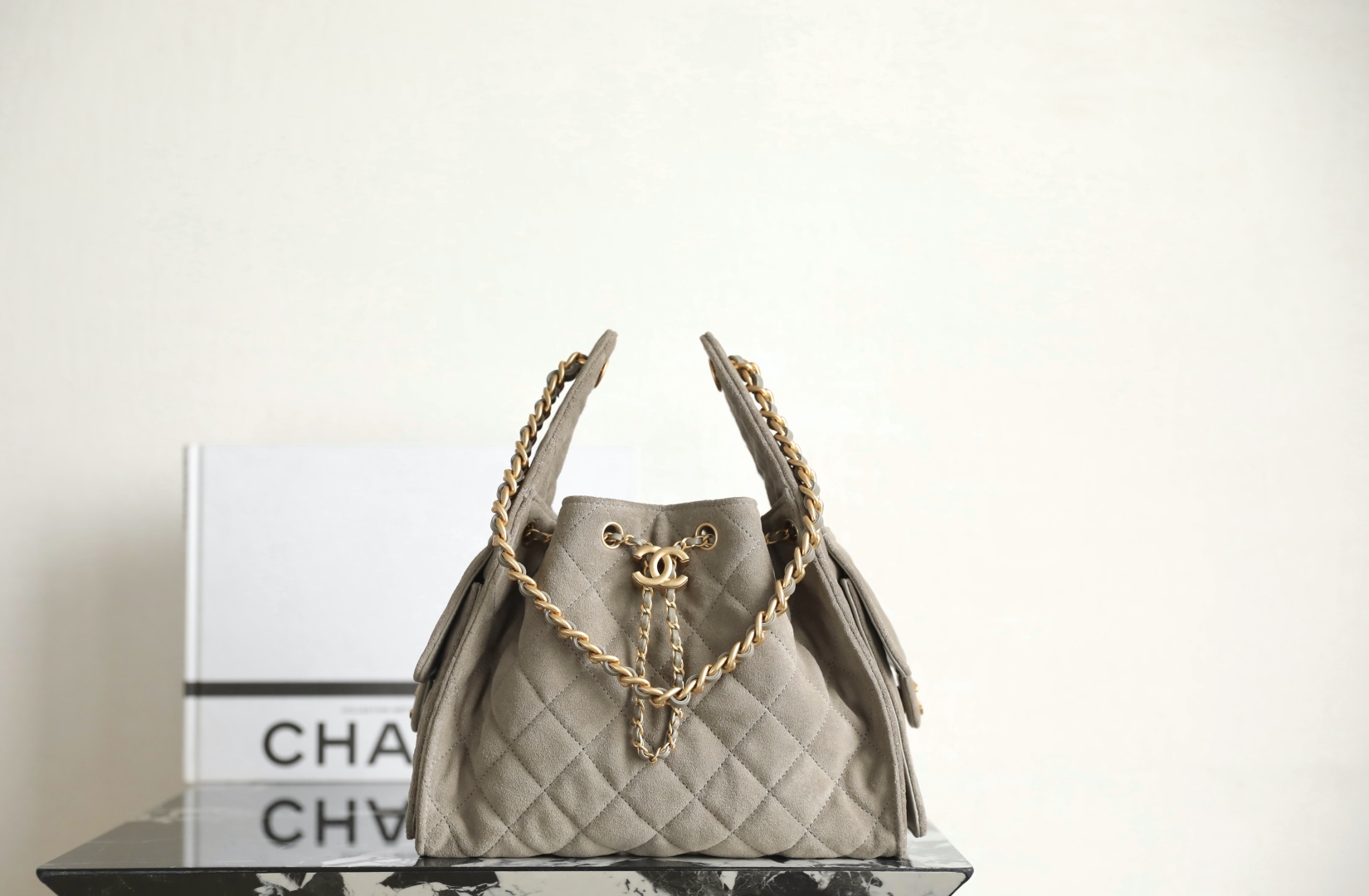 CHANEL Suede Quilted Medium Chanel 25 Handbag Grey