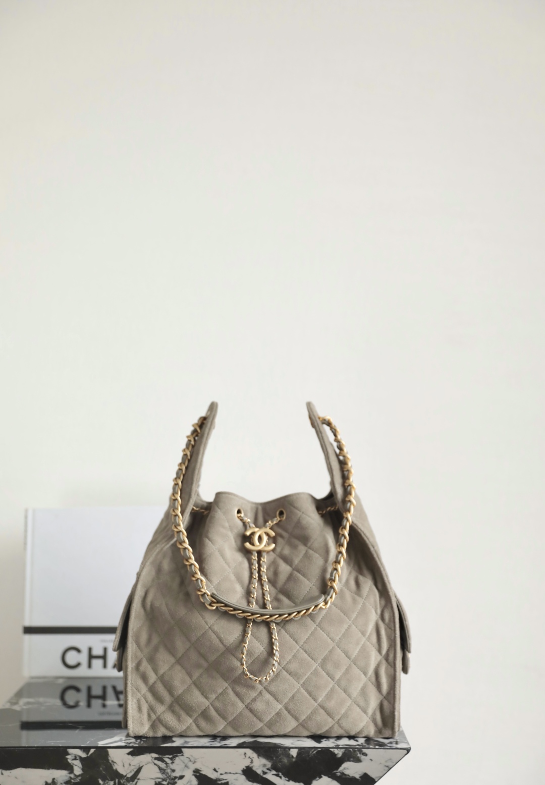 CHANEL Suede Quilted Medium Chanel 25 Handbag Grey