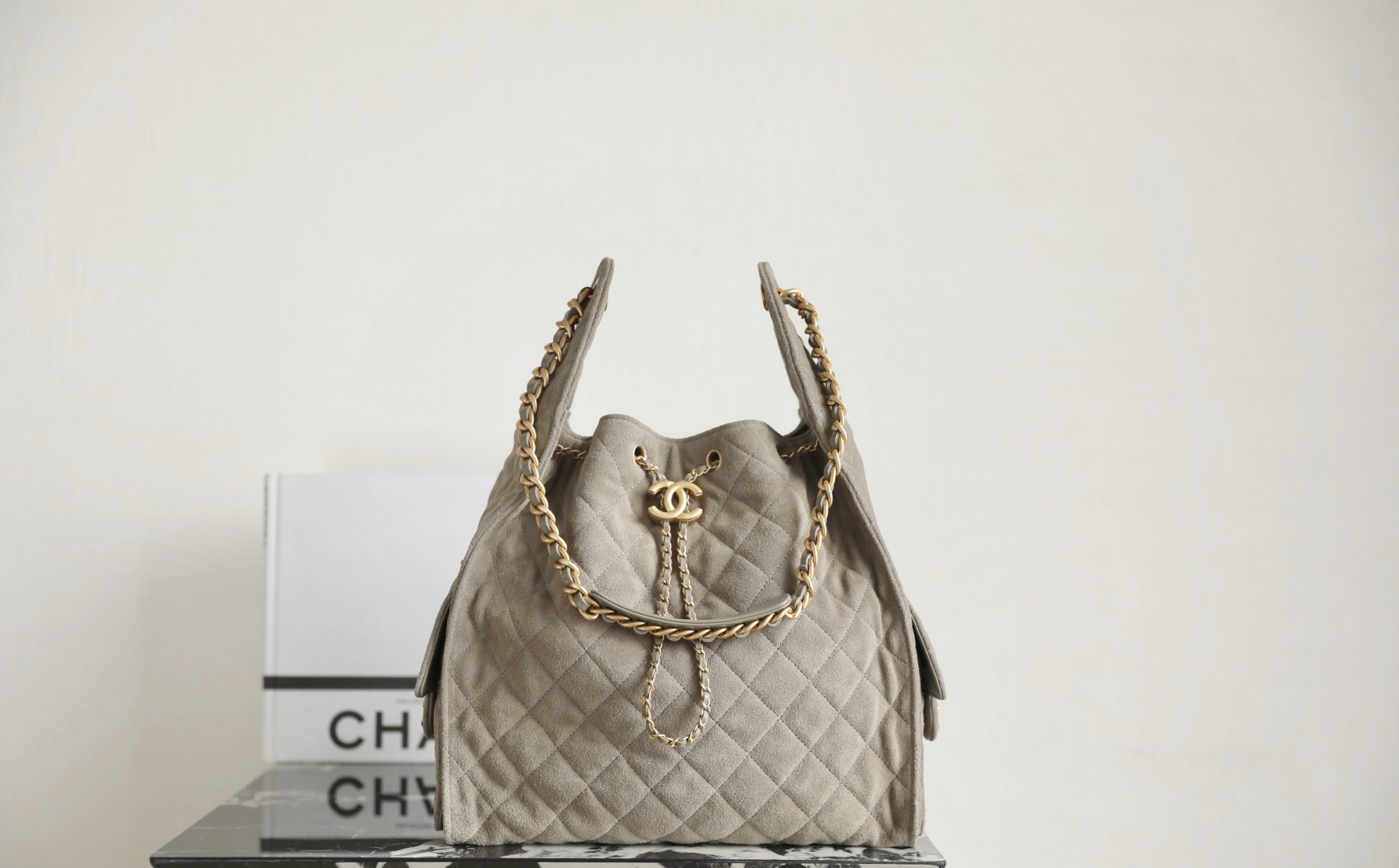 CHANEL Suede Quilted Medium Chanel 25 Handbag Grey