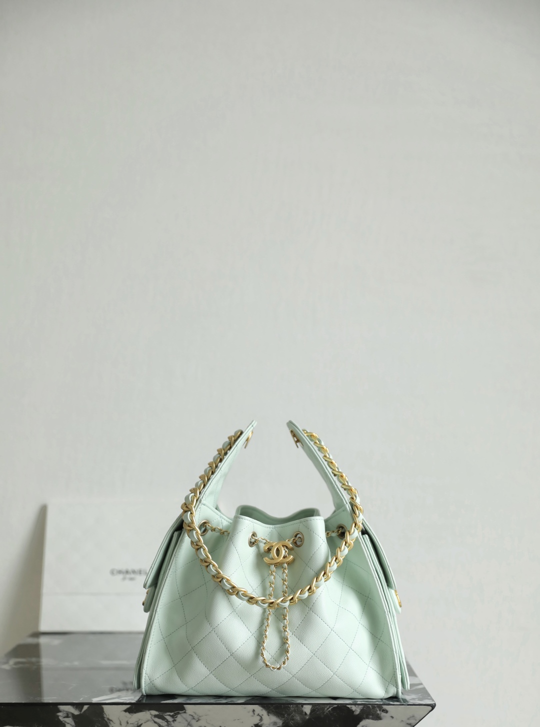 CHANEL Caviar Quilted Small Chanel 25 Handbag Light Green