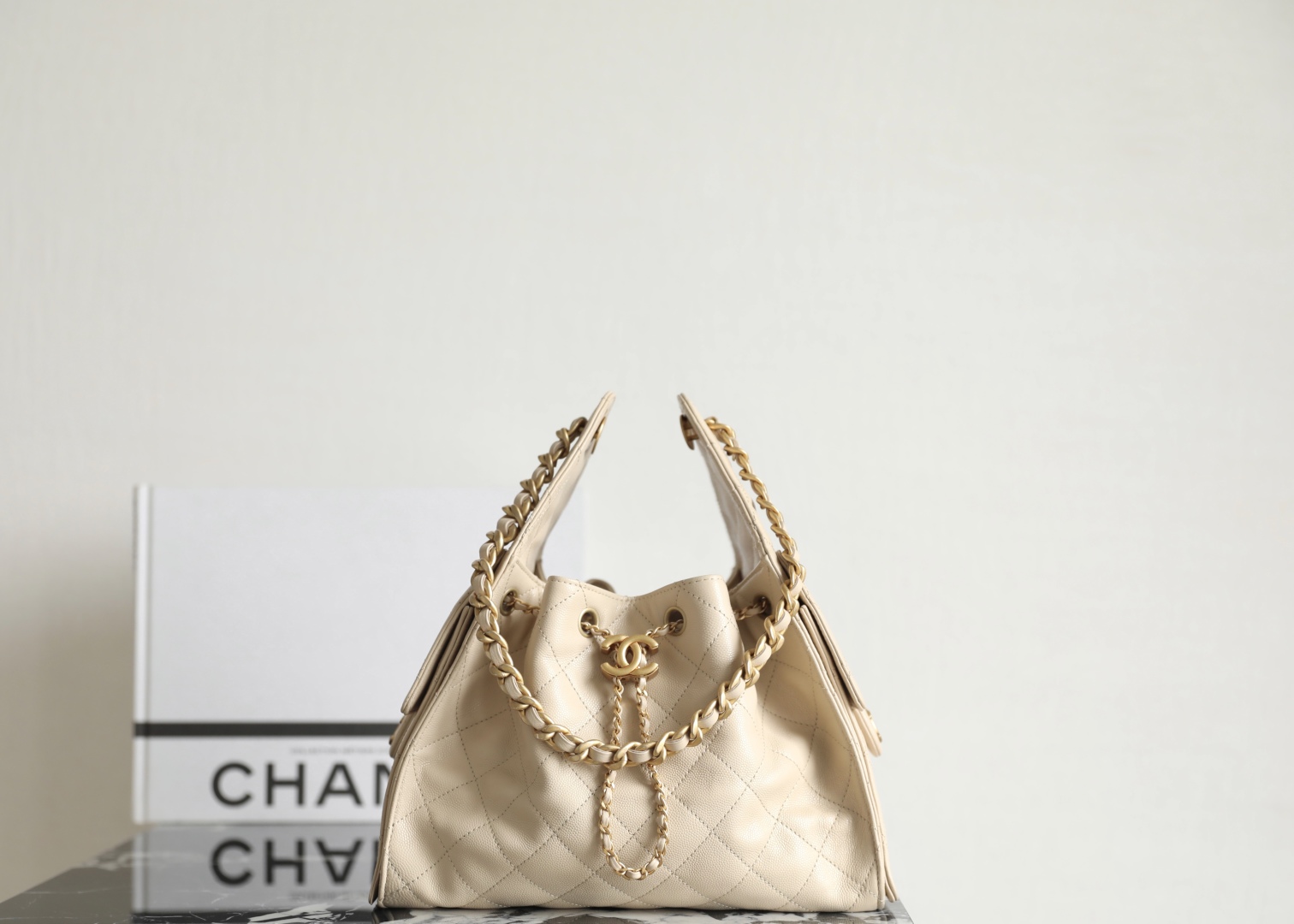 Chanel 25 small handbag, Grained calfskin & gold-tone metal, light yellow — Fashion