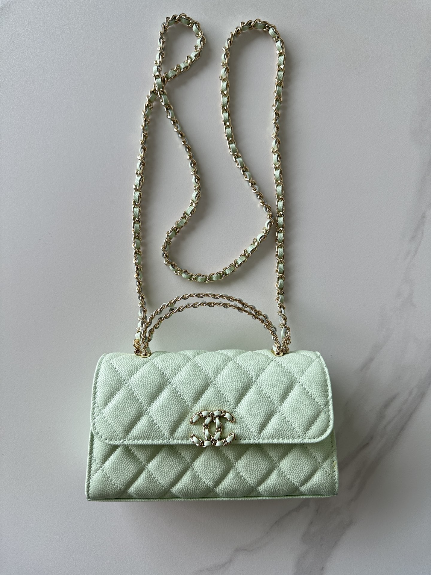 Chanel Mini classic handbag, Lambskin & gold-tone metal, light green