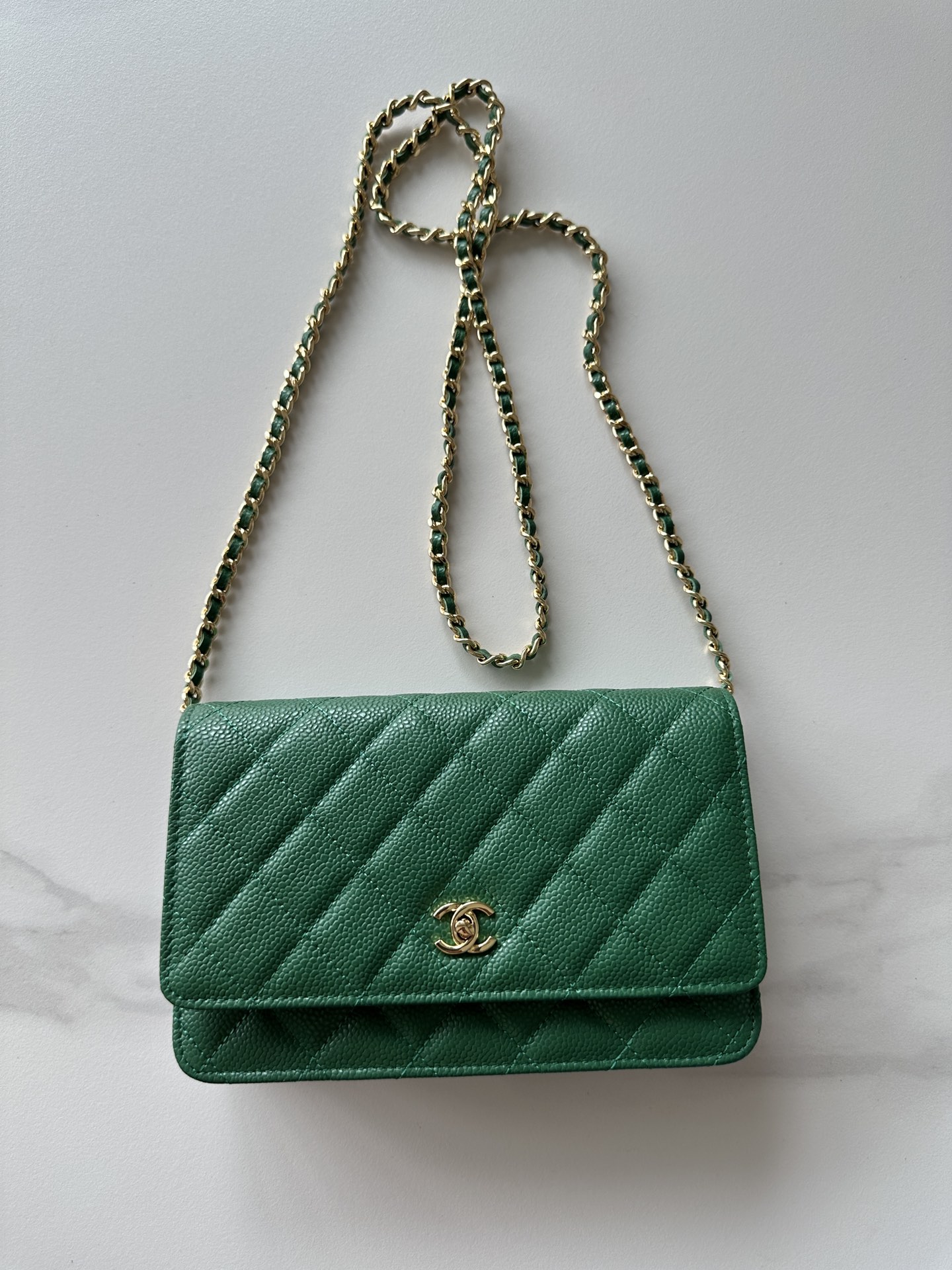 CHANEL Metallic Caviar Quilted Wallet On Chain WOC Green 1396010