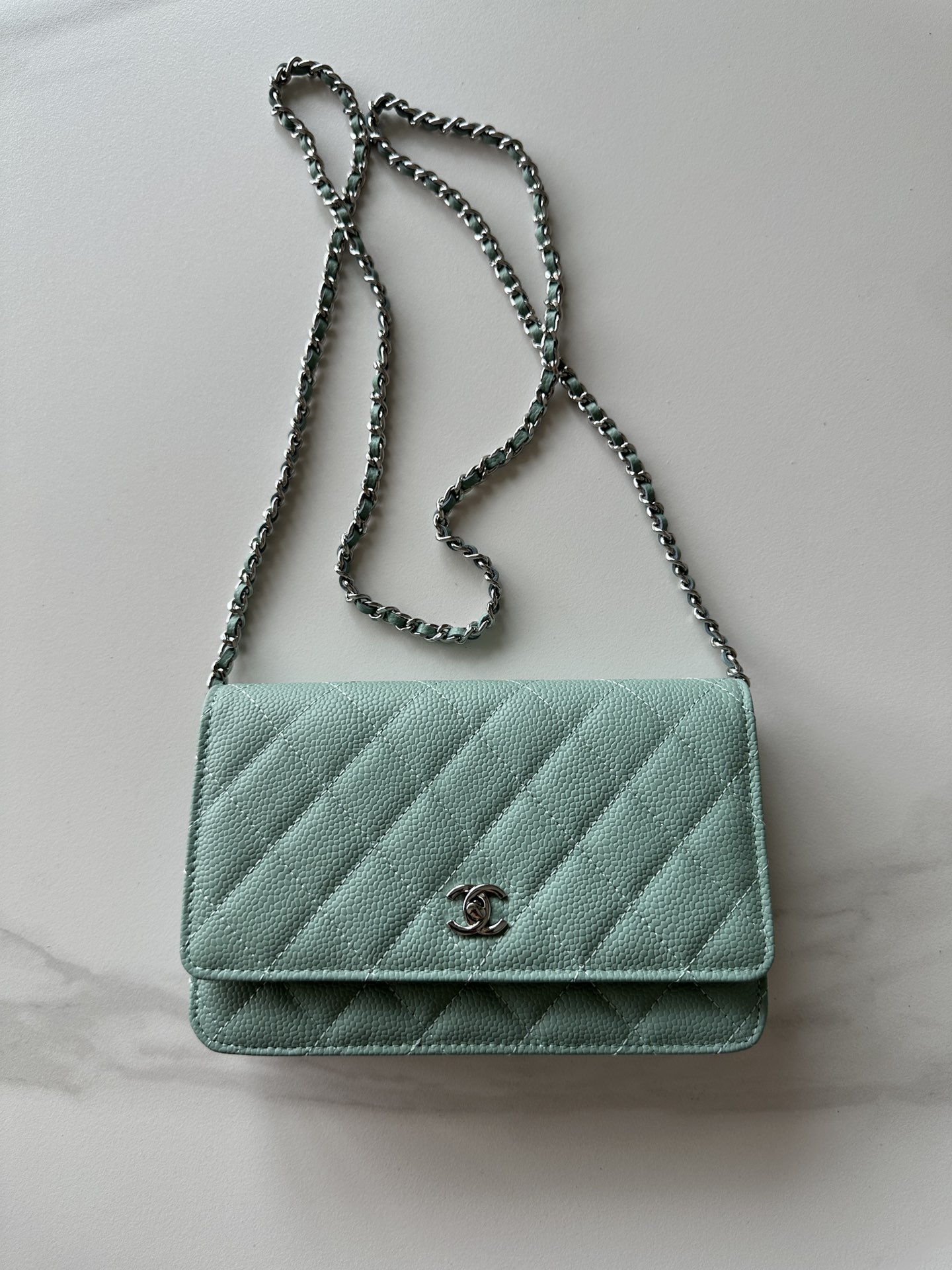 CHANEL Caviar Quilted Wallet on Chain WOC Light Green