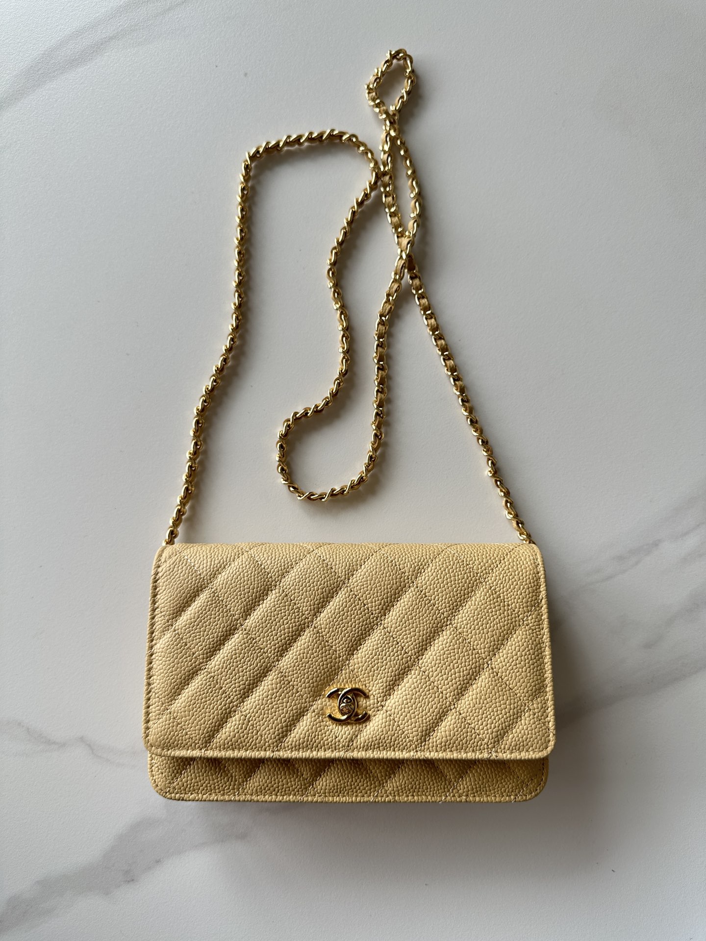 New Box CHANEL Wallet on Chain Caviar Leather Beige WOC Bag Gold MICRO CHIP