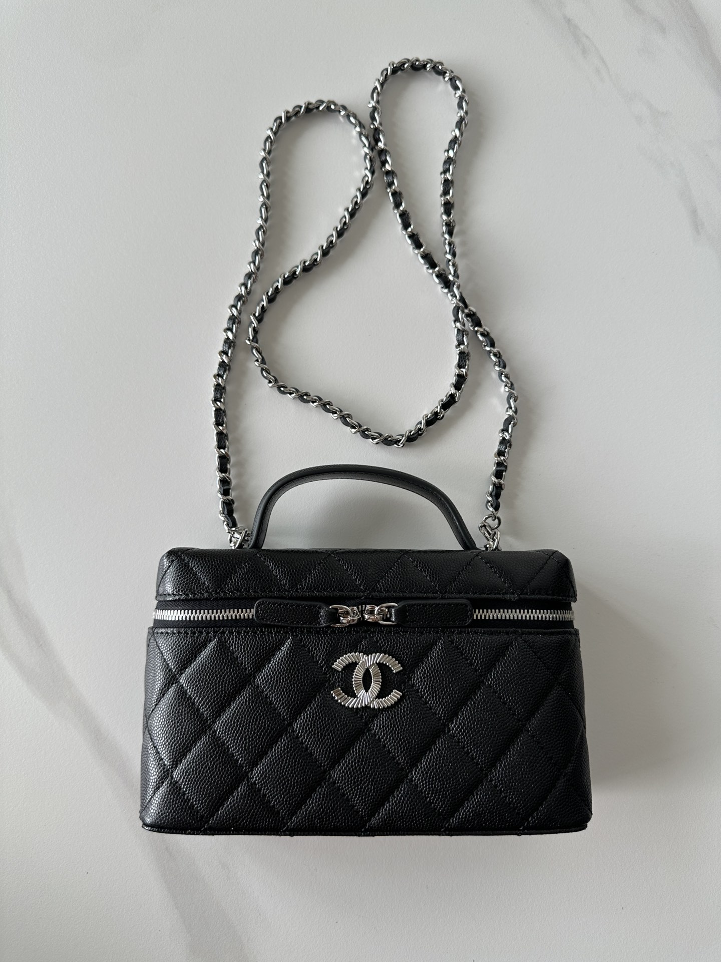 Chanel CC Top Handle Long Vanity Case With Chain Black