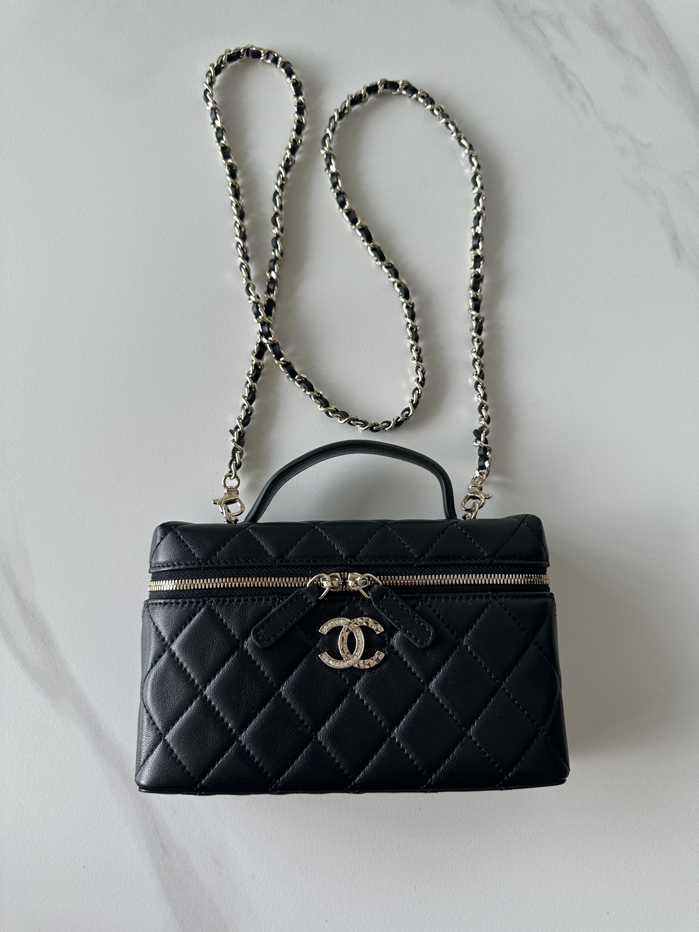 Chanel CC Top Handle Long Vanity Case With Chain Black
