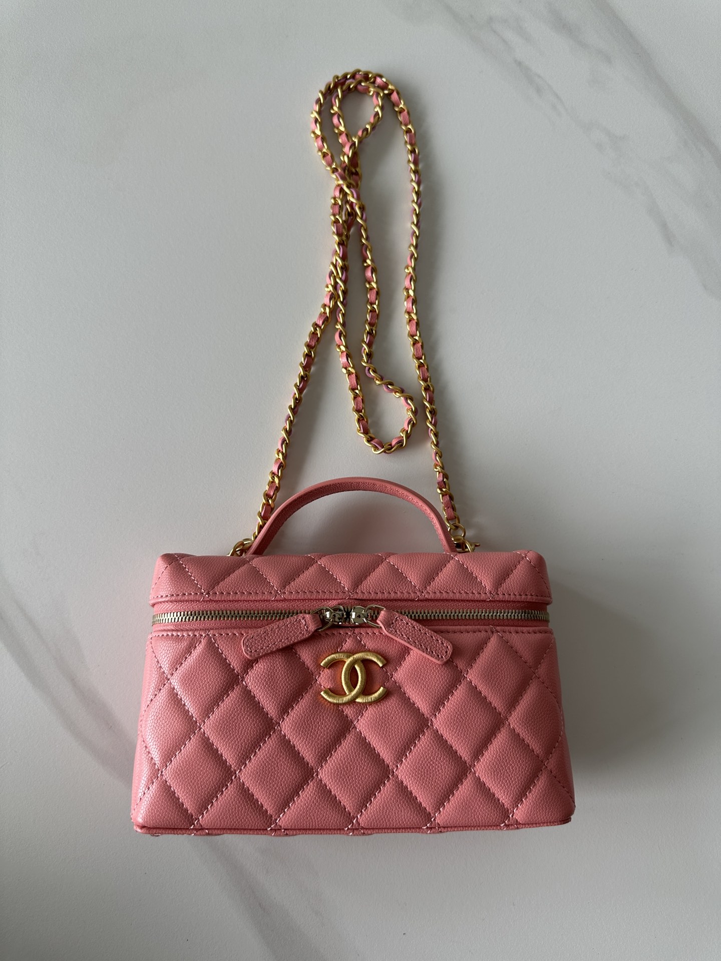 Chanel Pink Quilted Caviar Top Handle Mini Vanity Gold Hardware