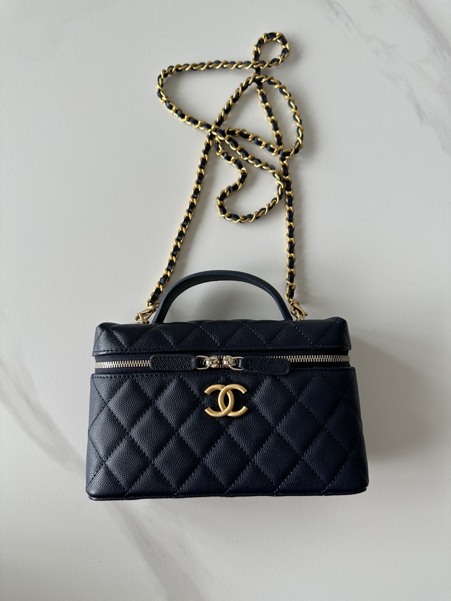Chanel Top Handle Long Vanity Case With Chain Black Shiny