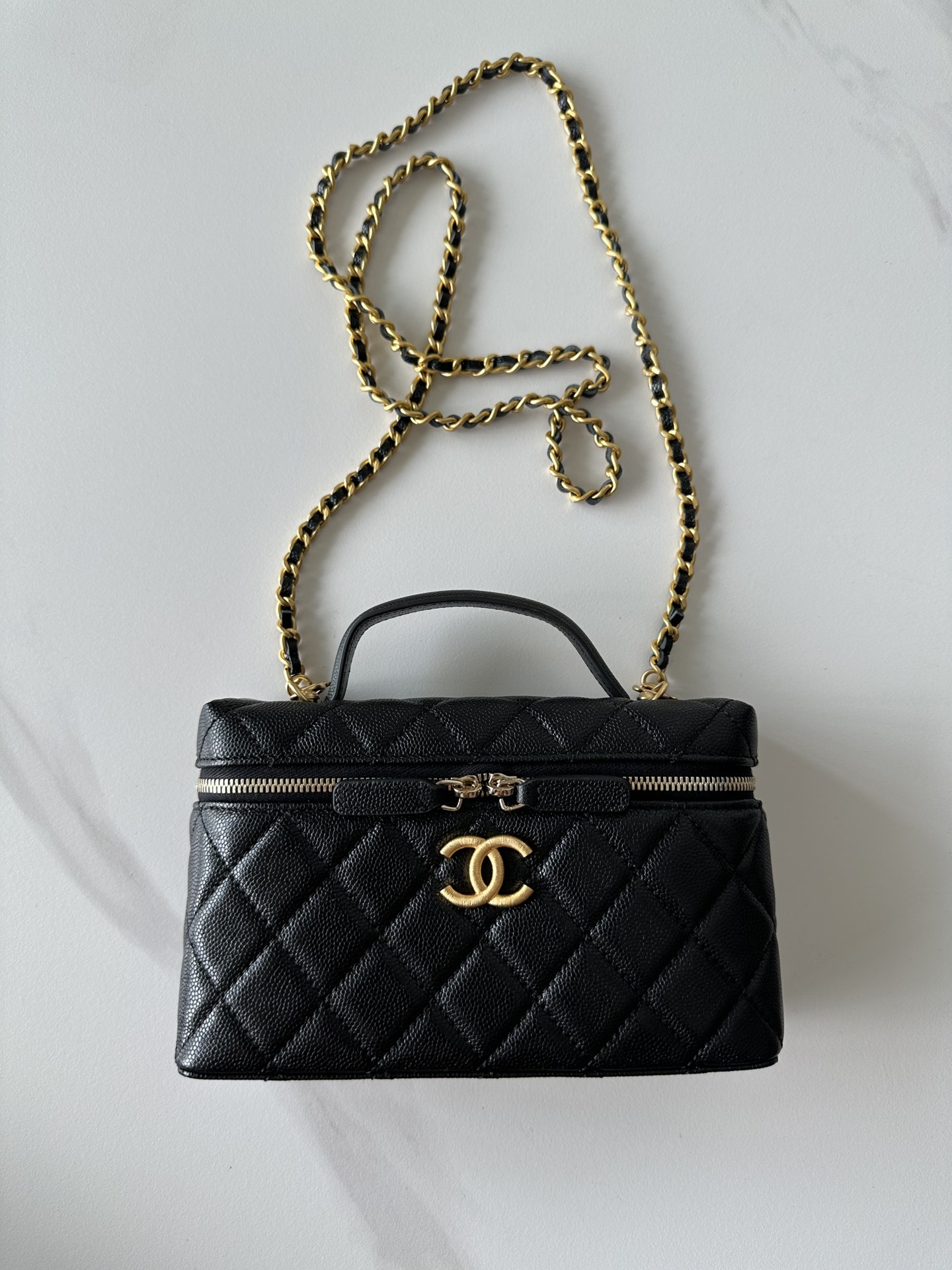 Chanel Top Handle Long Vanity Case With Chain Black Shiny