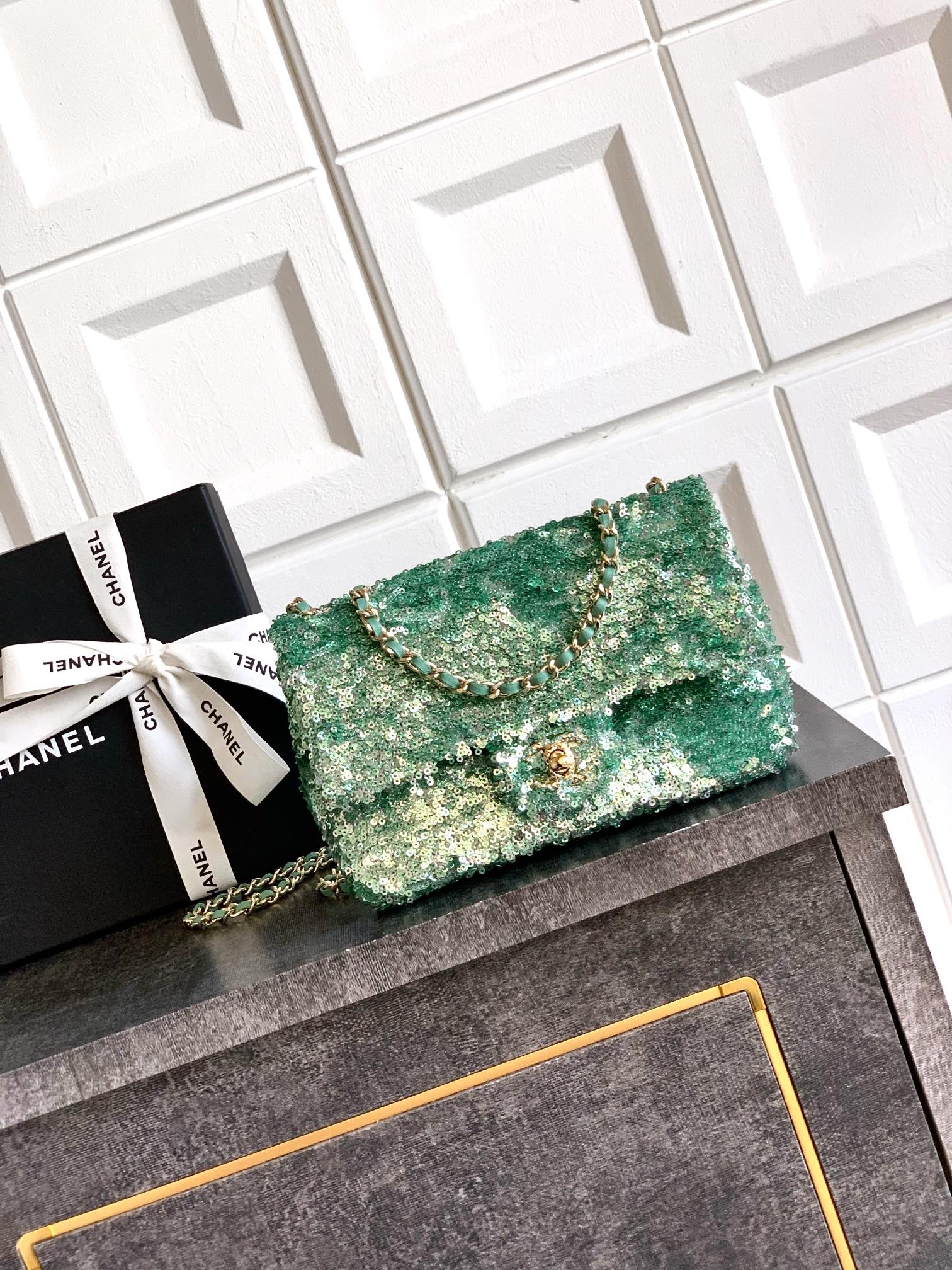 Chanel Green Sequins and Satin Mini Square Classic Flap Bag Chanel