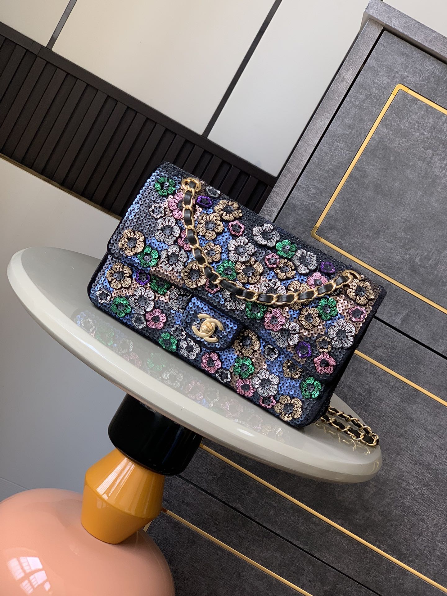 CHANEL Felt Flower Embroidered Medium Double